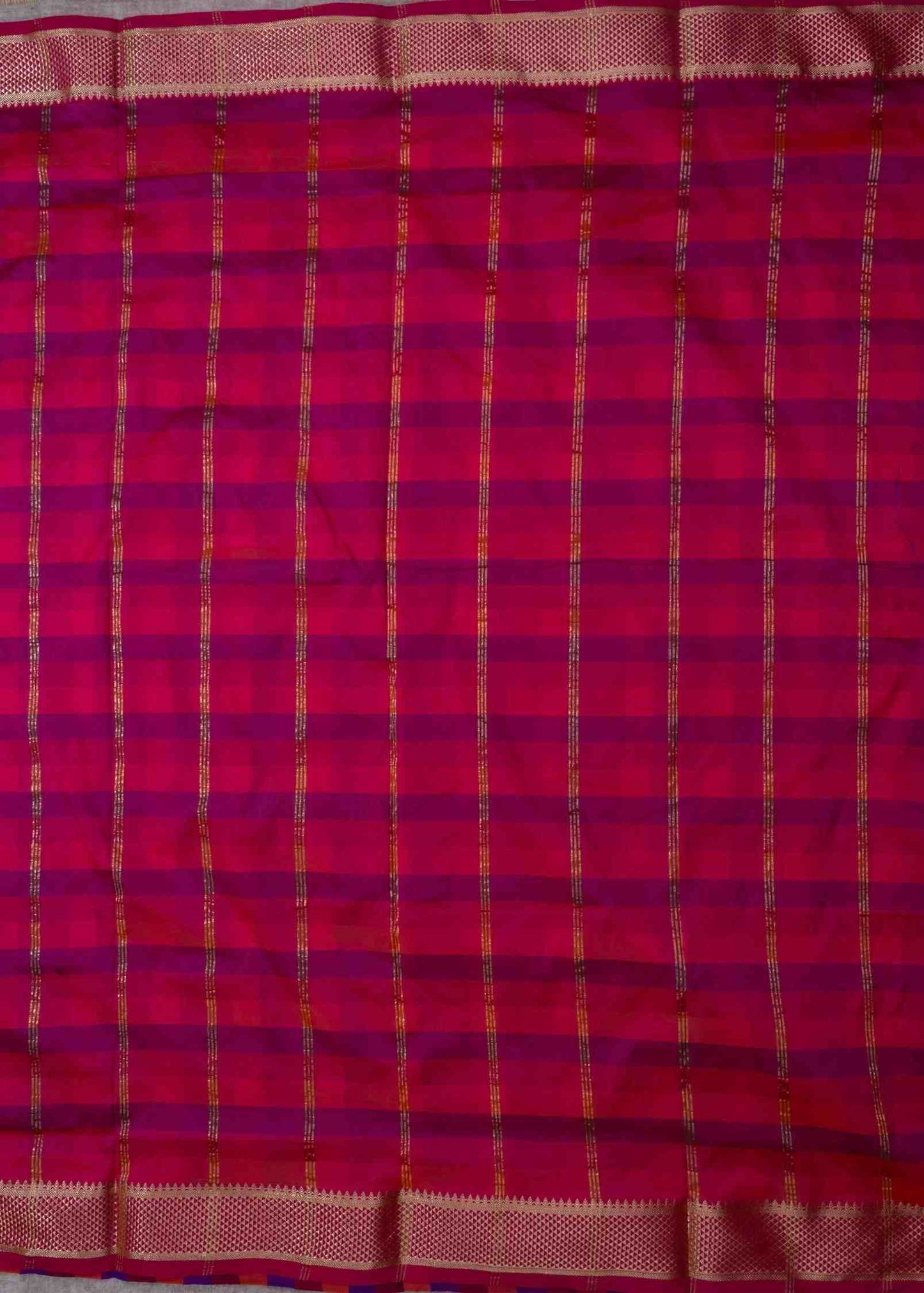 Paalum Pazham Checks 9 Yards Semi Silk Saree with Gold Zari (3 Inch) Border