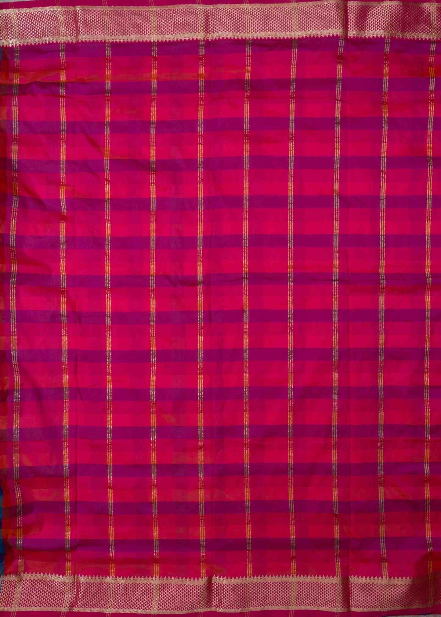 Paalum Pazham Checks 9 Yards Semi Silk Saree with Gold Zari (3 Inch) Border