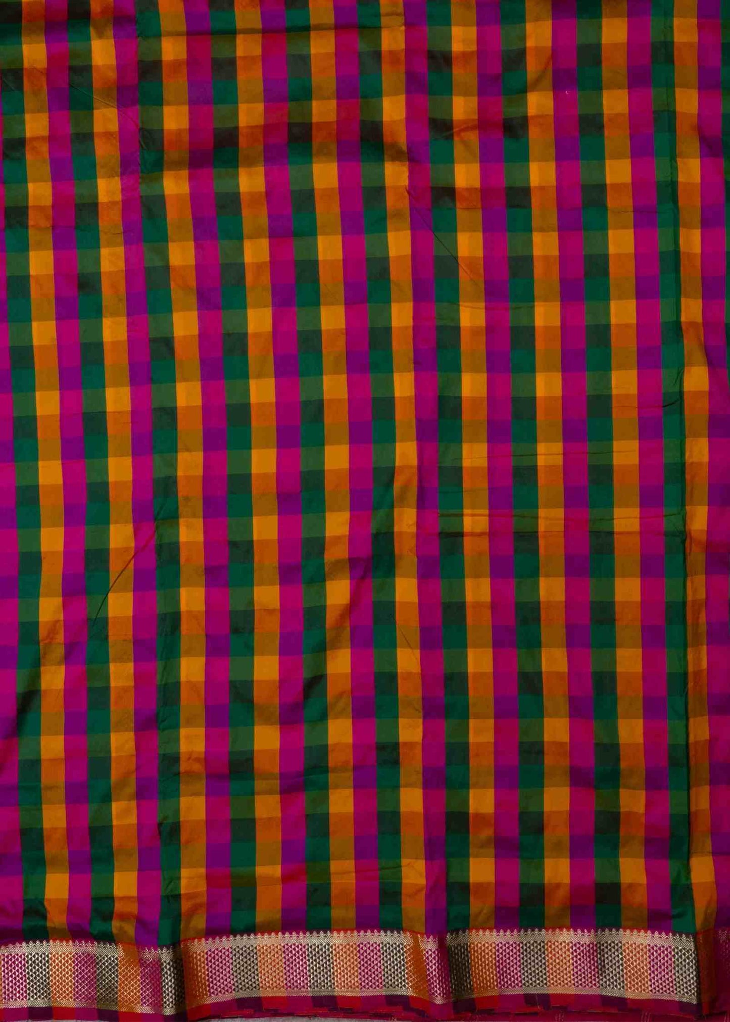 Paalum Pazham Checks 9 Yards Semi Silk Saree with Gold Zari (3 Inch) Border