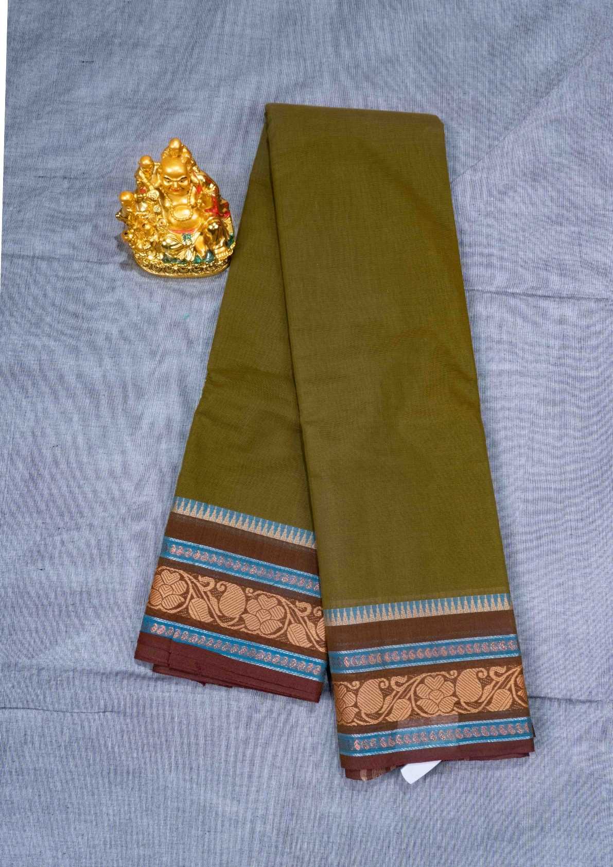 Kanjivaram Pure Cotton Plain Saree Army Green Colour With Fancy Border