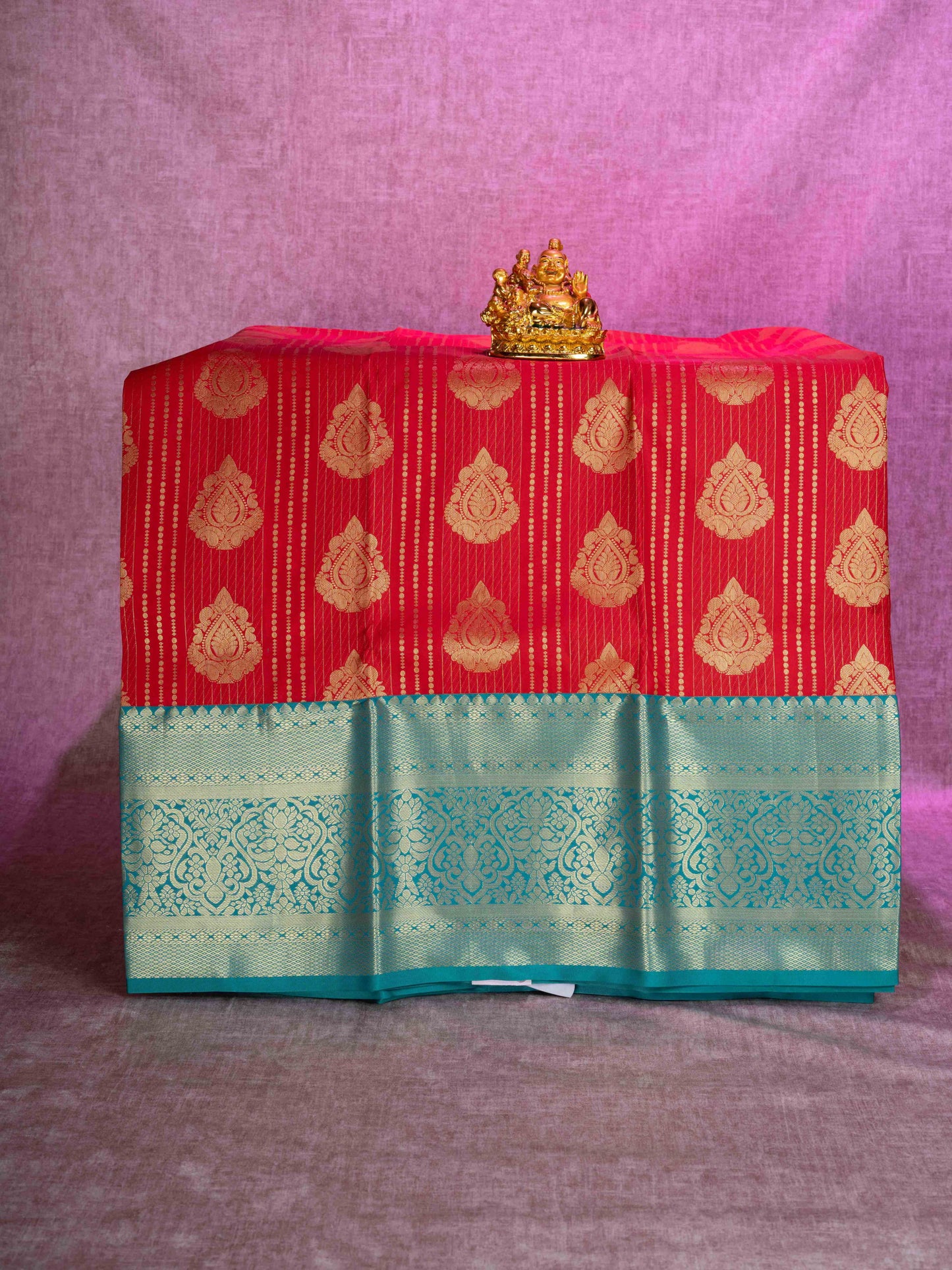 Semi Silk Pattu Pavadai (Red) With Peacock Green Blouse 44"