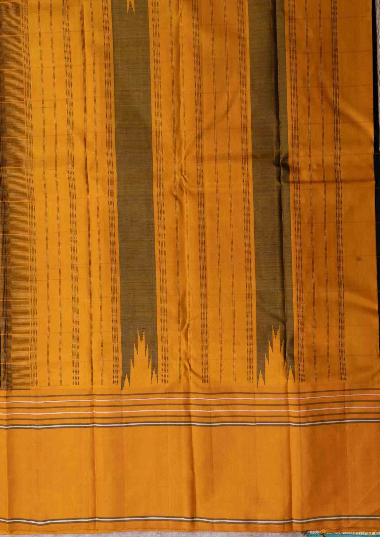 Kanjivaram Pure Silk Saree Black Body & Yellow Checks With Ganga Jamuna Border