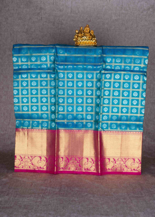 Pure Silk Pattu Pavadai (Peacock Blue) With Pink Blouse 36"