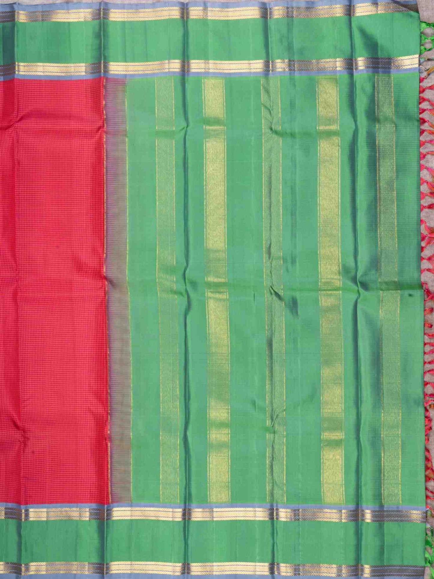 Pink & yellow Color Petty Checks Kanjivaram Pure Silk Saree with Dual Tone Green Blouse