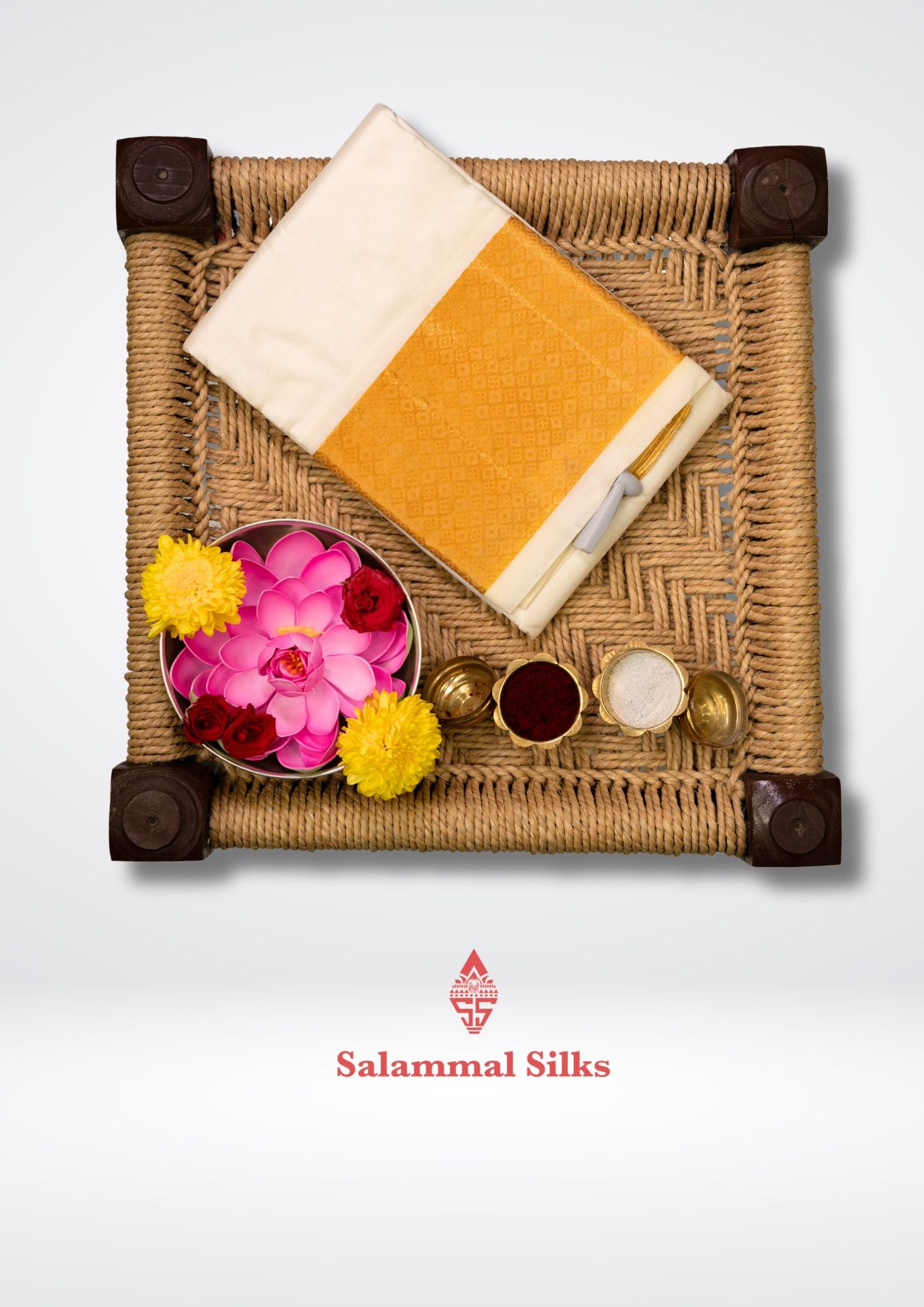 White Pure Silk Dhoti, Angavastram & with Gold Zari Border