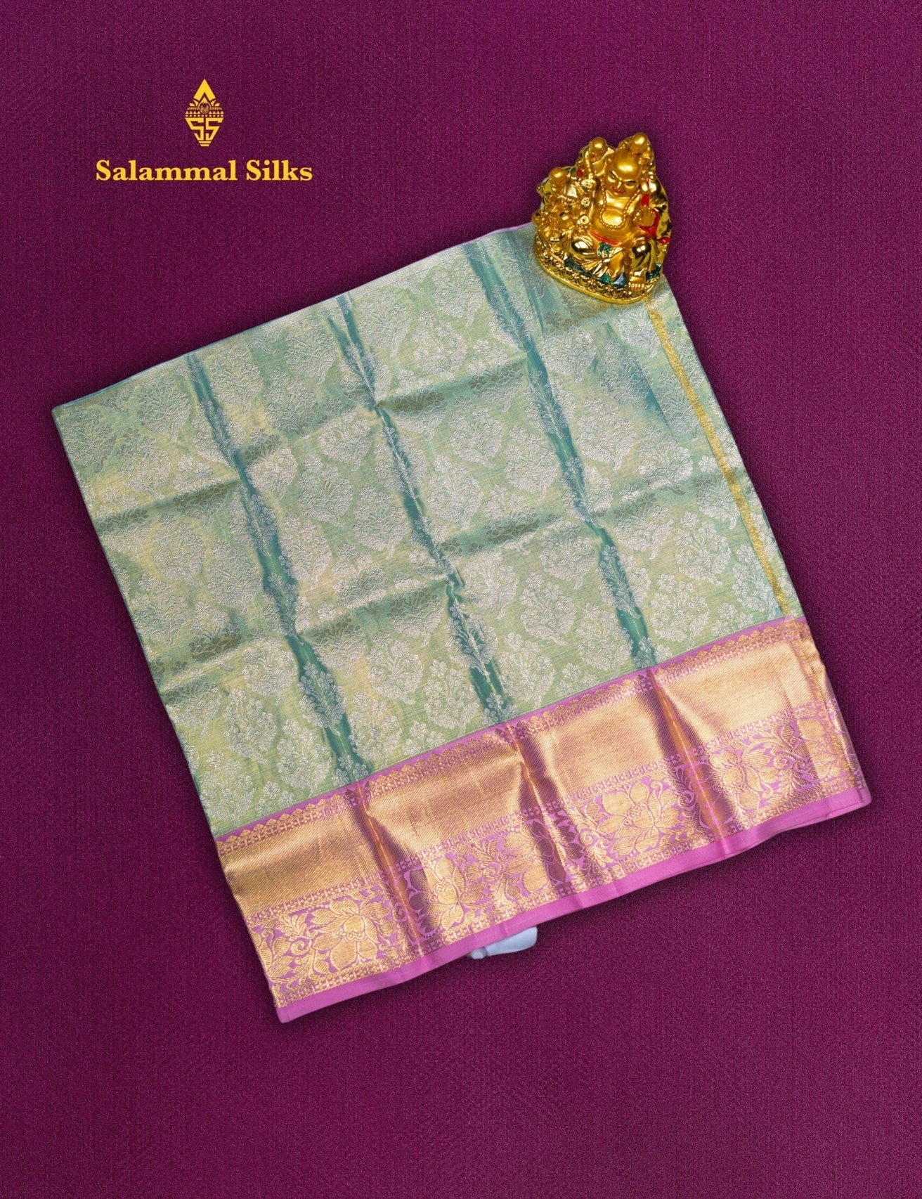 Pure Silk Pattu Pavadai (Cream Green Tissue) With Baby Pink Blouse 18"