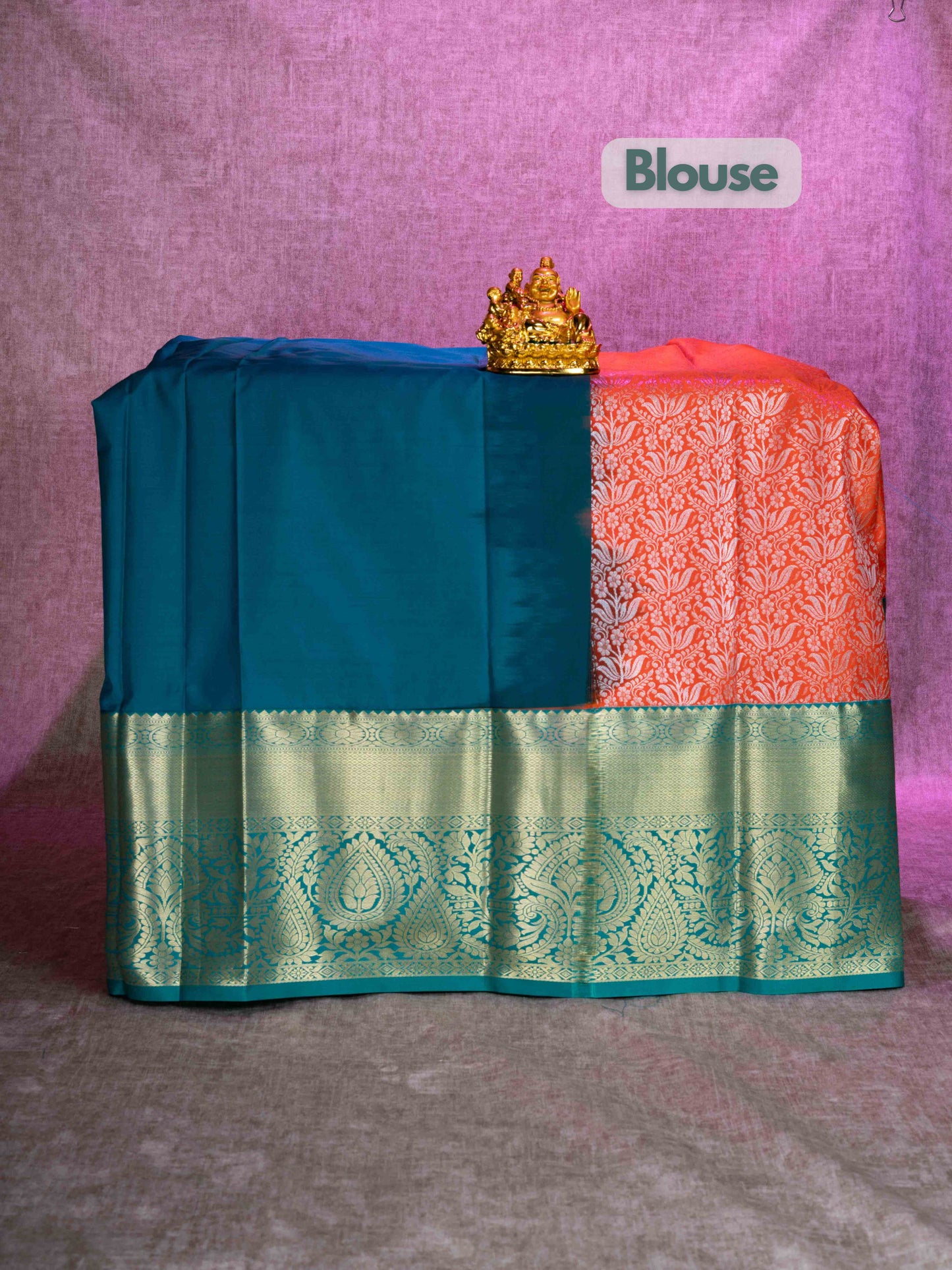 Mix Pattu Pavadai (Pinkish Orange) With Peacock Green Blouse 44"