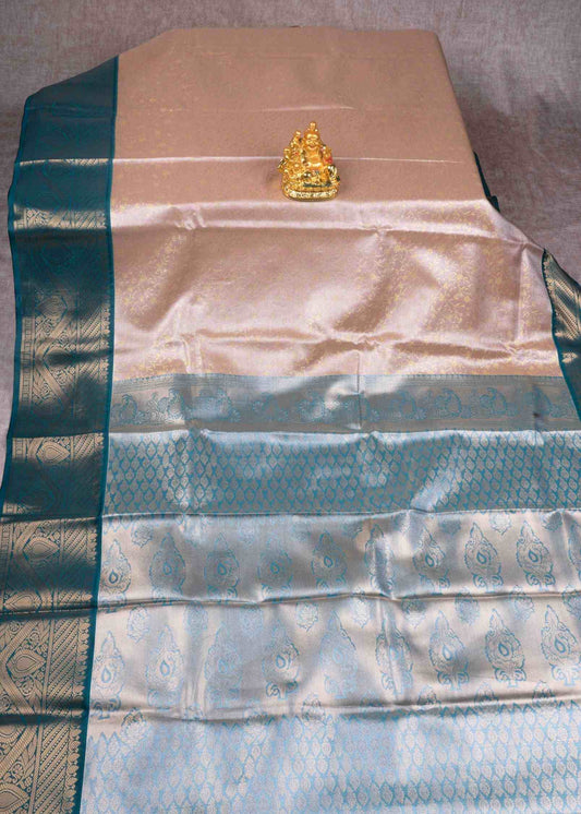 Beige Tissue Bridal Semi Silk Saree With Bottle Green Border