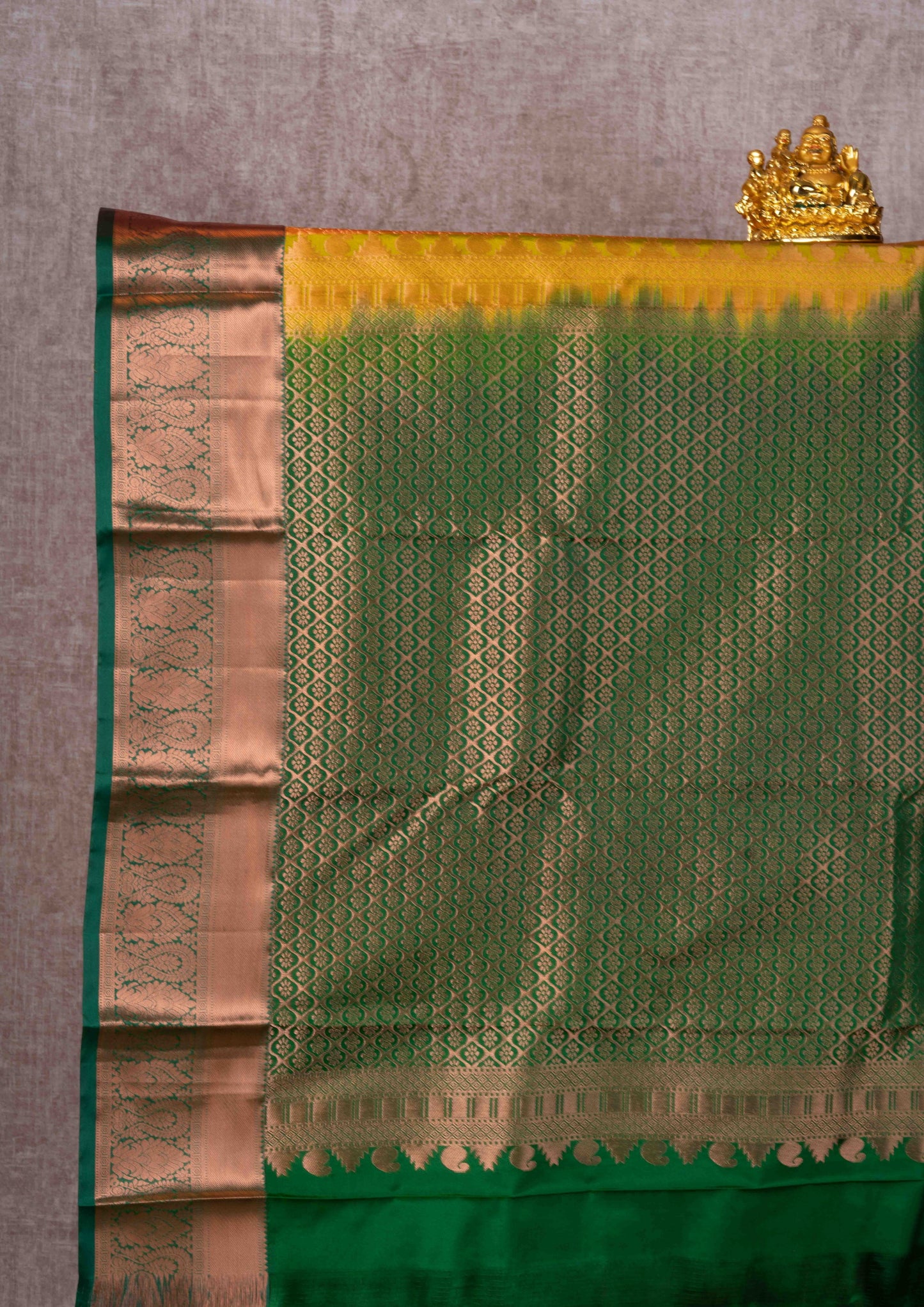 Mustard Yellow Grand Puremix Silk Saree With Green Blouse