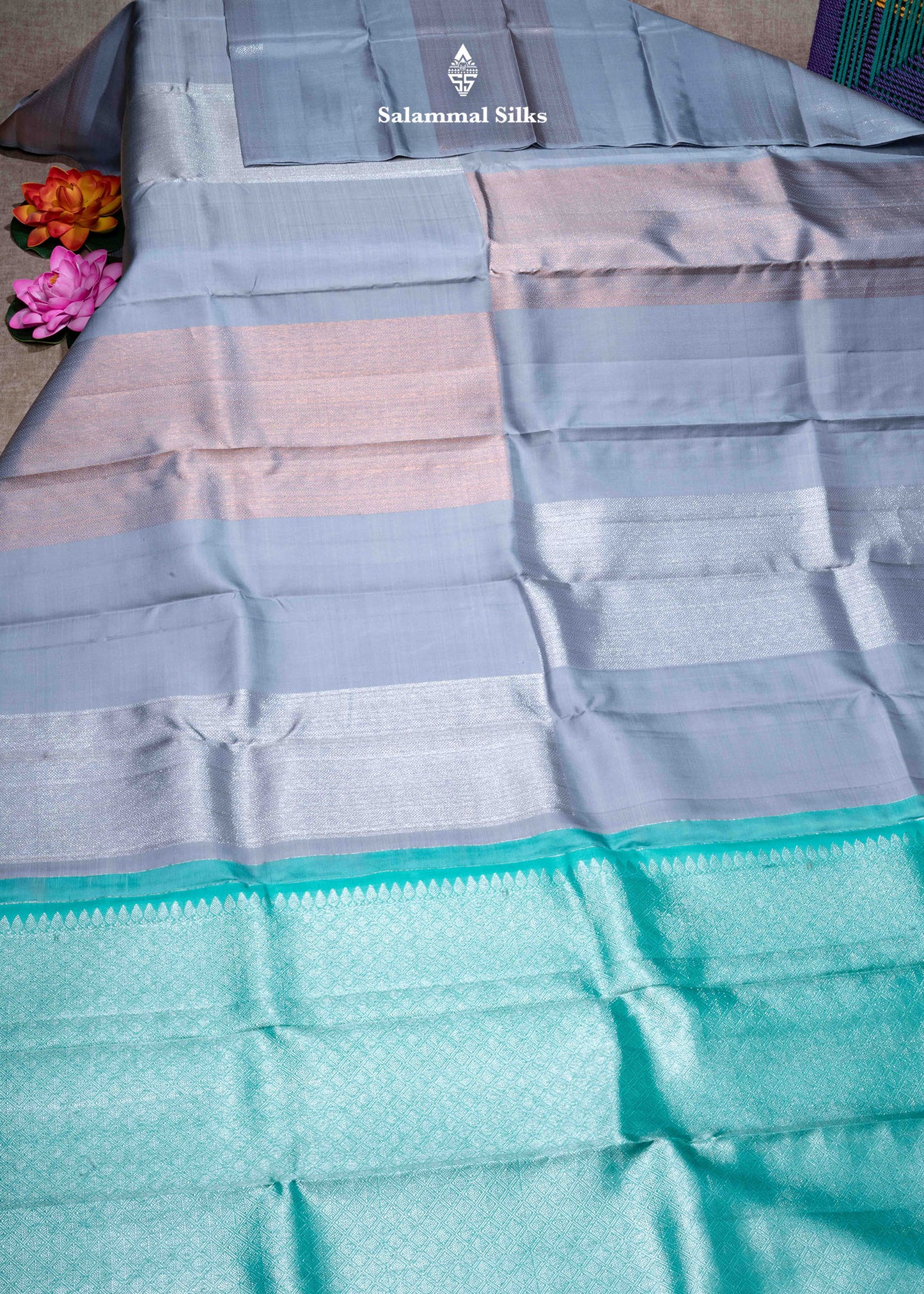 Kanjivaram Silver Colour Fancy Pure Silk Saree With Rexona Green Blouse