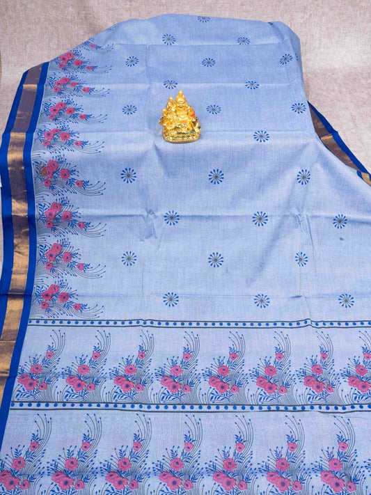 Blue Shade Printed Cotton Saree with Running Blouse