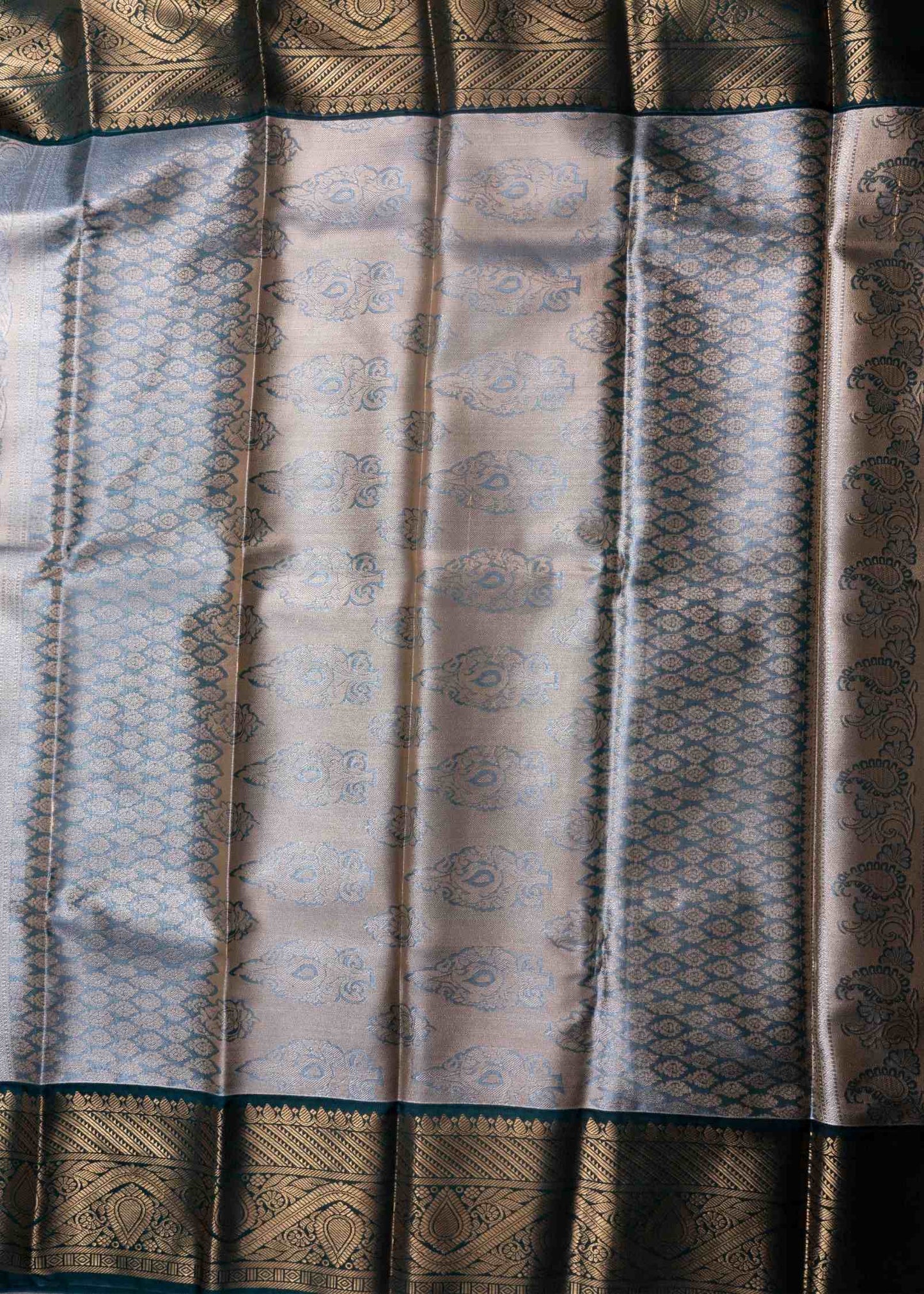 Beige Tissue Bridal Semi Silk Saree With Bottle Green Border