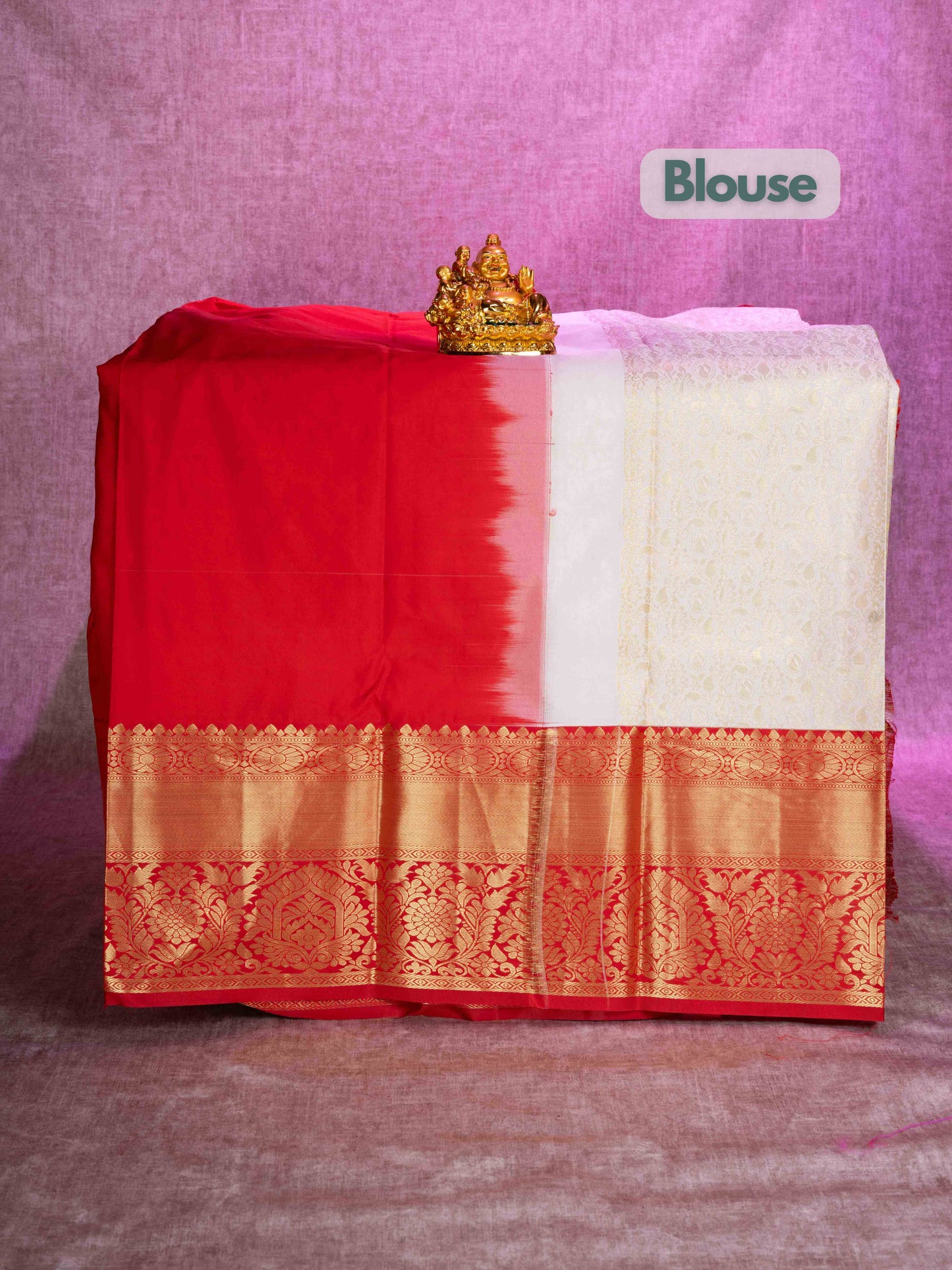 Semi Silk Pattu Pavadai (Half White) With Red Blouse 44"