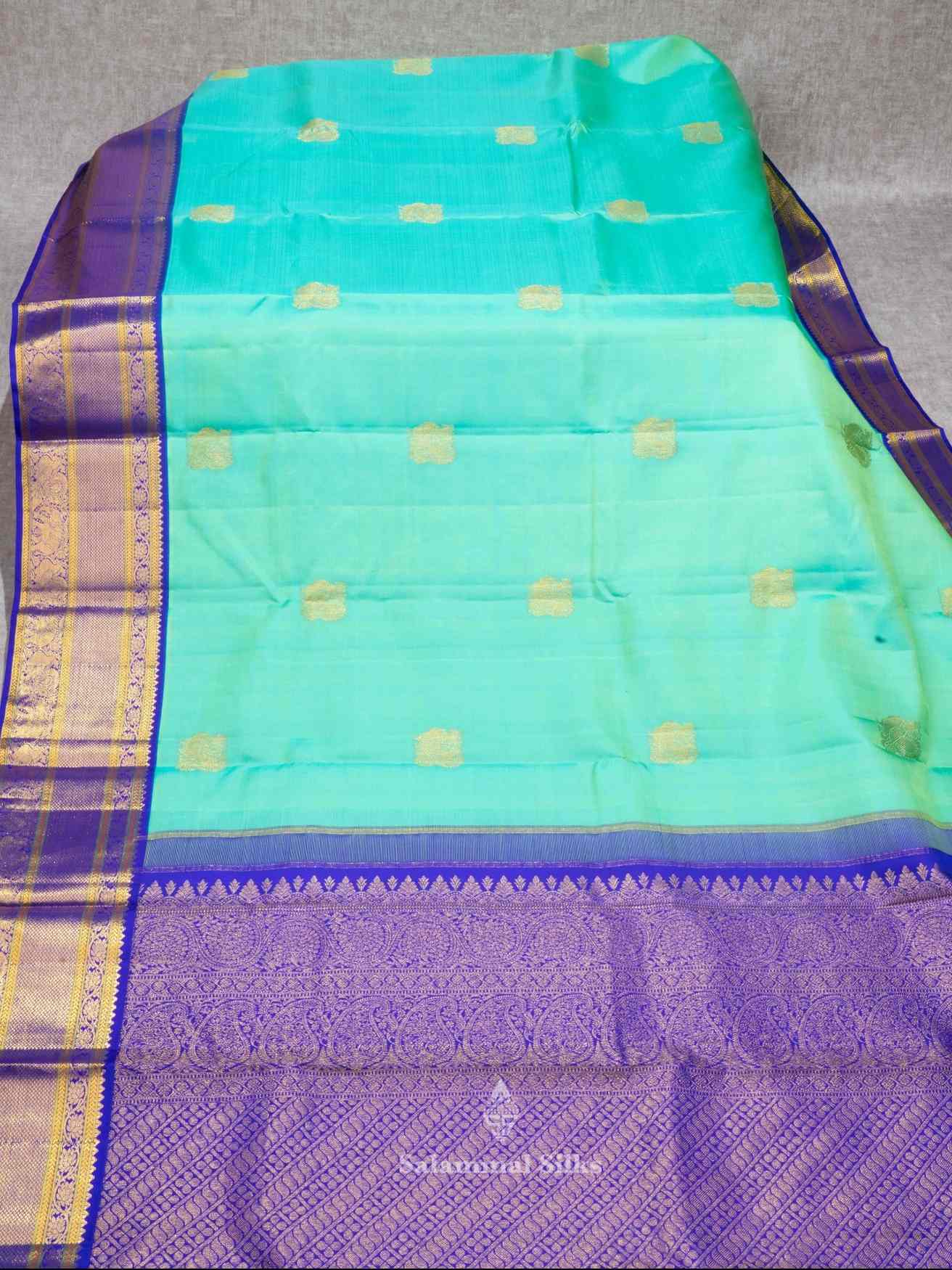 Sea Green Kanjivaram Pure Silk Saree with Deep Violet Blouse