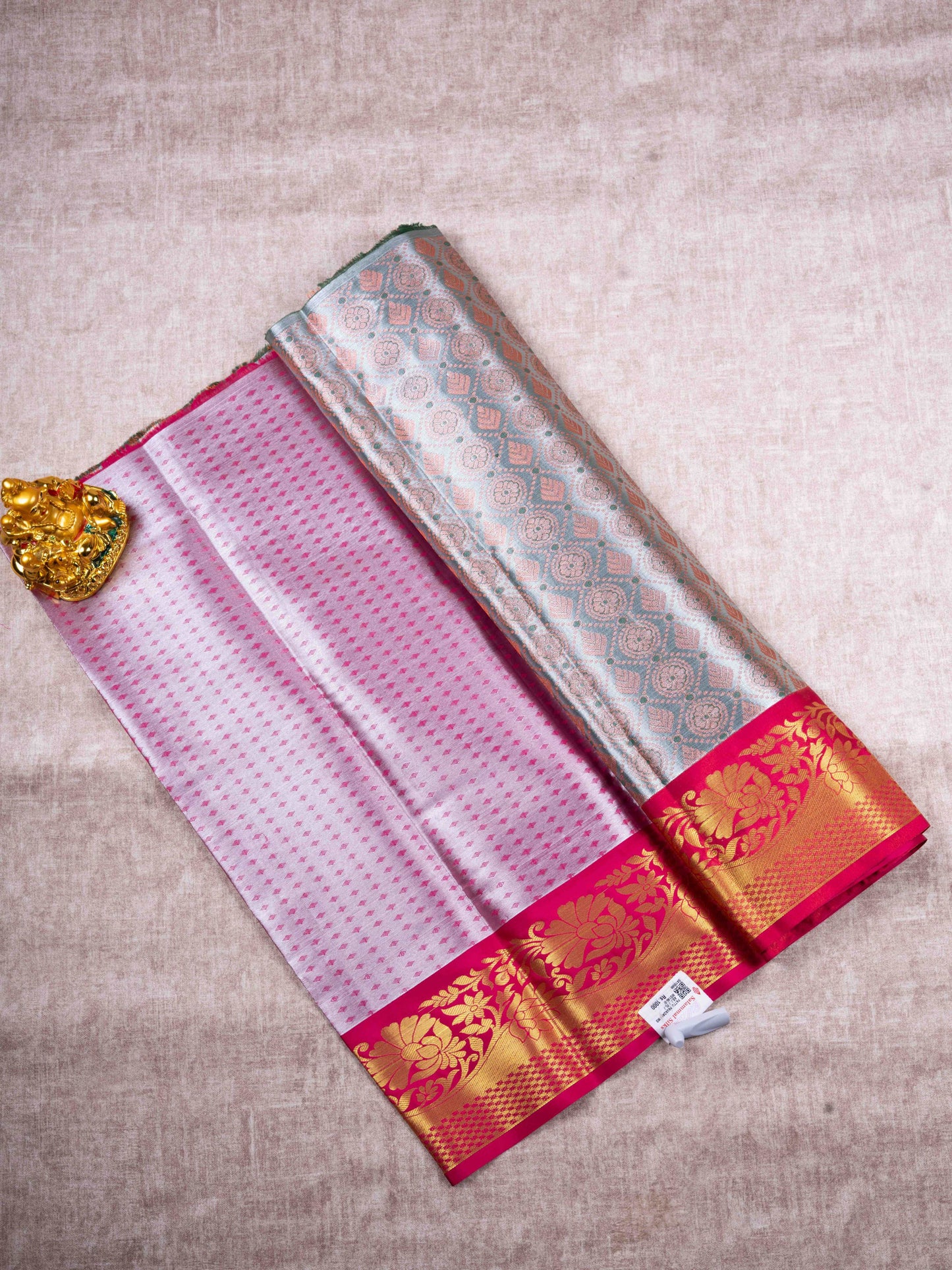 Semi Silk Pattu Pavadai ( Cream Green Tissue ) With Tissue Blouse 27"
