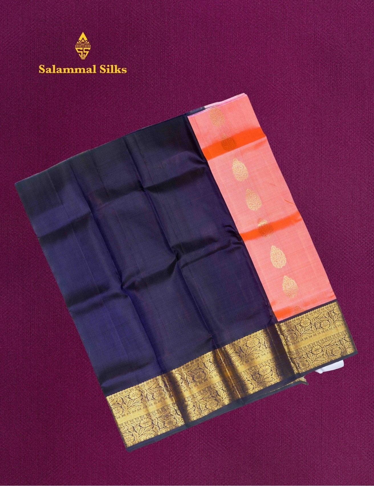 Pure Silk Pattu Pavadai (Peach Colour) With Navy Blue Blouse 18"