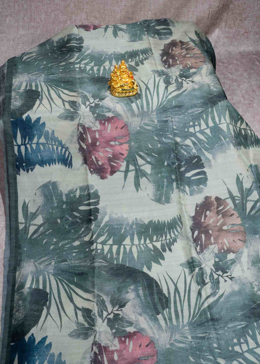 Cream Green Pure Fancy Tussar Saree With Plain Blouse