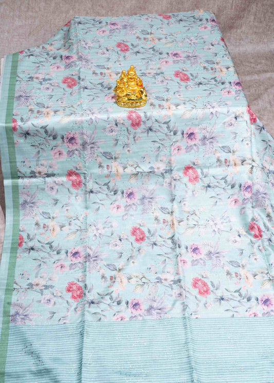 Cream Green Pure Fancy Tussar Saree With Floral Print Blouse