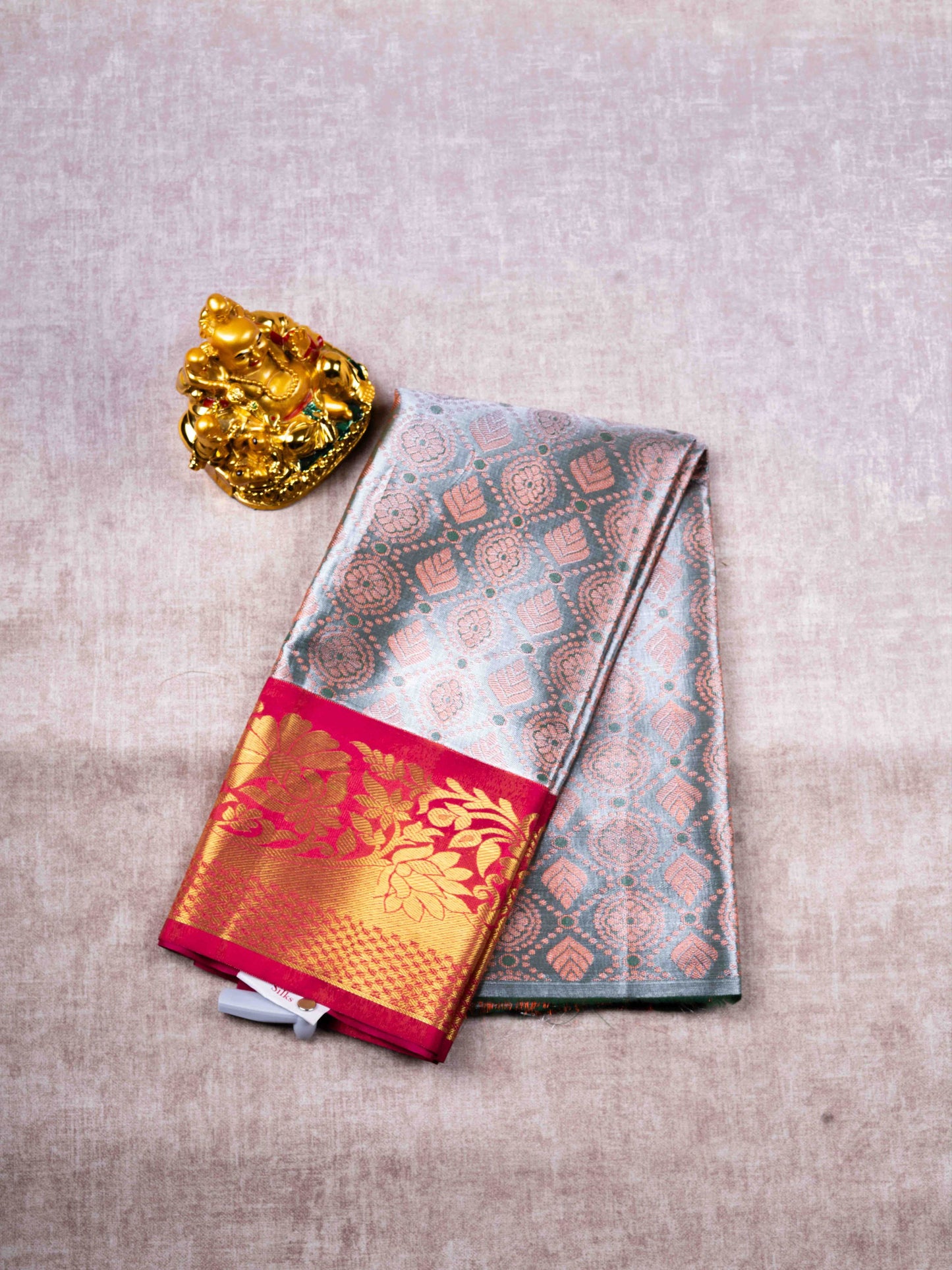 Semi Silk Pattu Pavadai ( Cream Green Tissue ) With Tissue Blouse 27"
