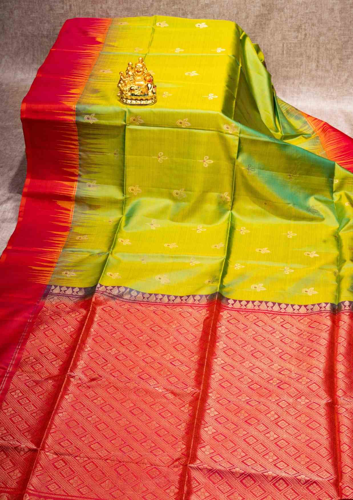 Yellow Green Soft Silk Saree With Pinkish Orange Border