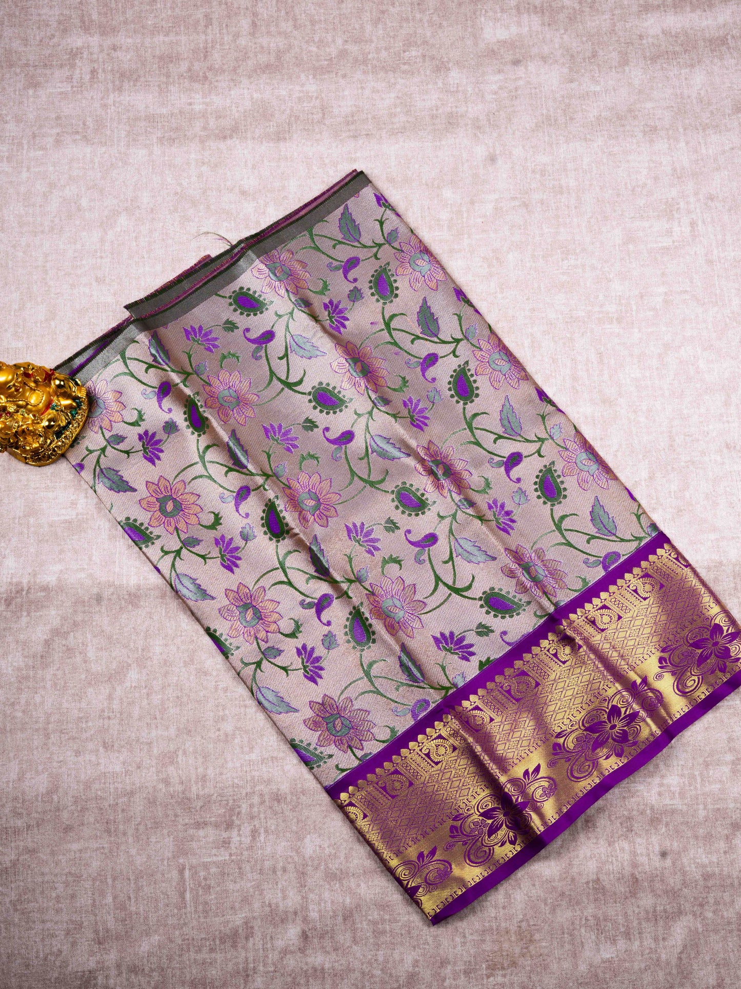 Semi Silk Pattu Pavadai ( Cream Lavender Tissue ) With Purple Blouse 27"