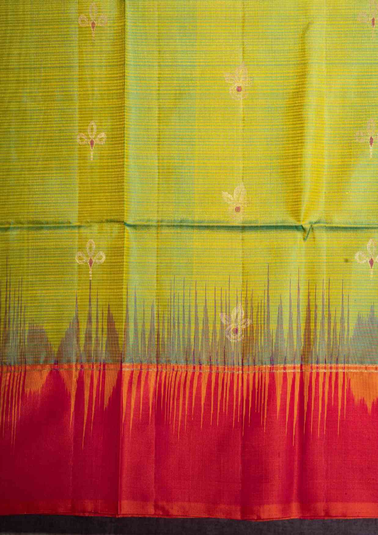 Yellow Green Soft Silk Saree With Pinkish Orange Border