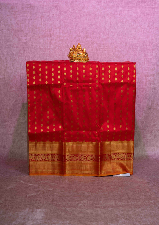 Pure Silk Pattu Pavadai (Red) With Mustard Yellow Blouse 36"