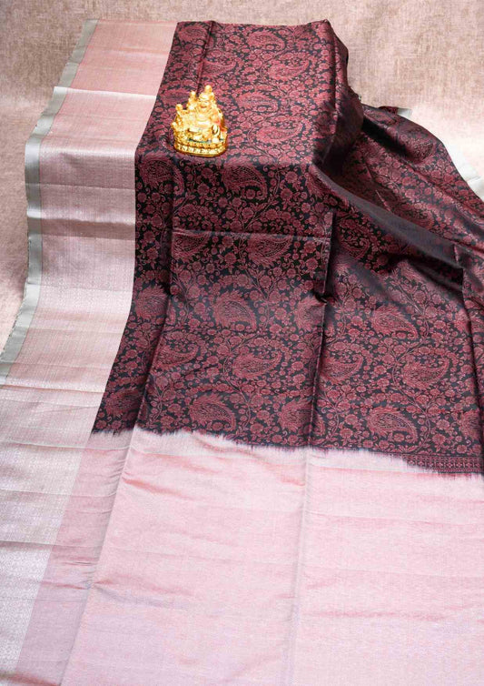 Black Pure Soft Silk Saree With Gray Blouse