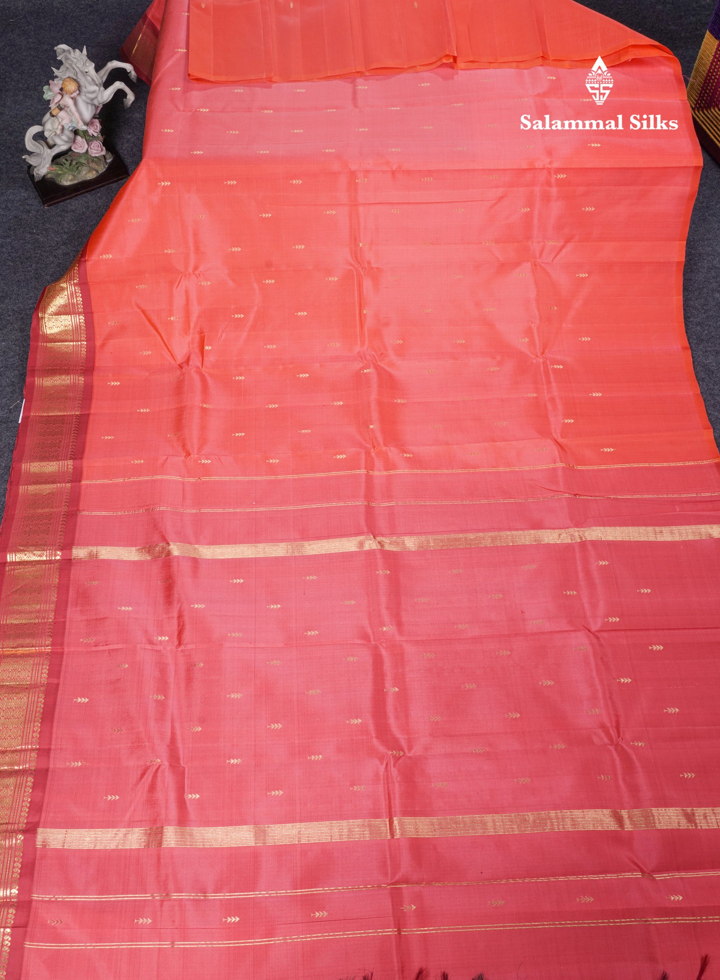 Pinkish Peach Pure Kanjivaram Silk Saree With Contrast Tomato Red One Side Border