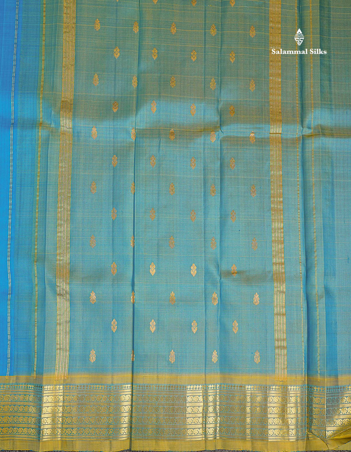 One Side Border Pure Silk Saree - Ananda Blue With Contrast Manthulir Green Traditional Border