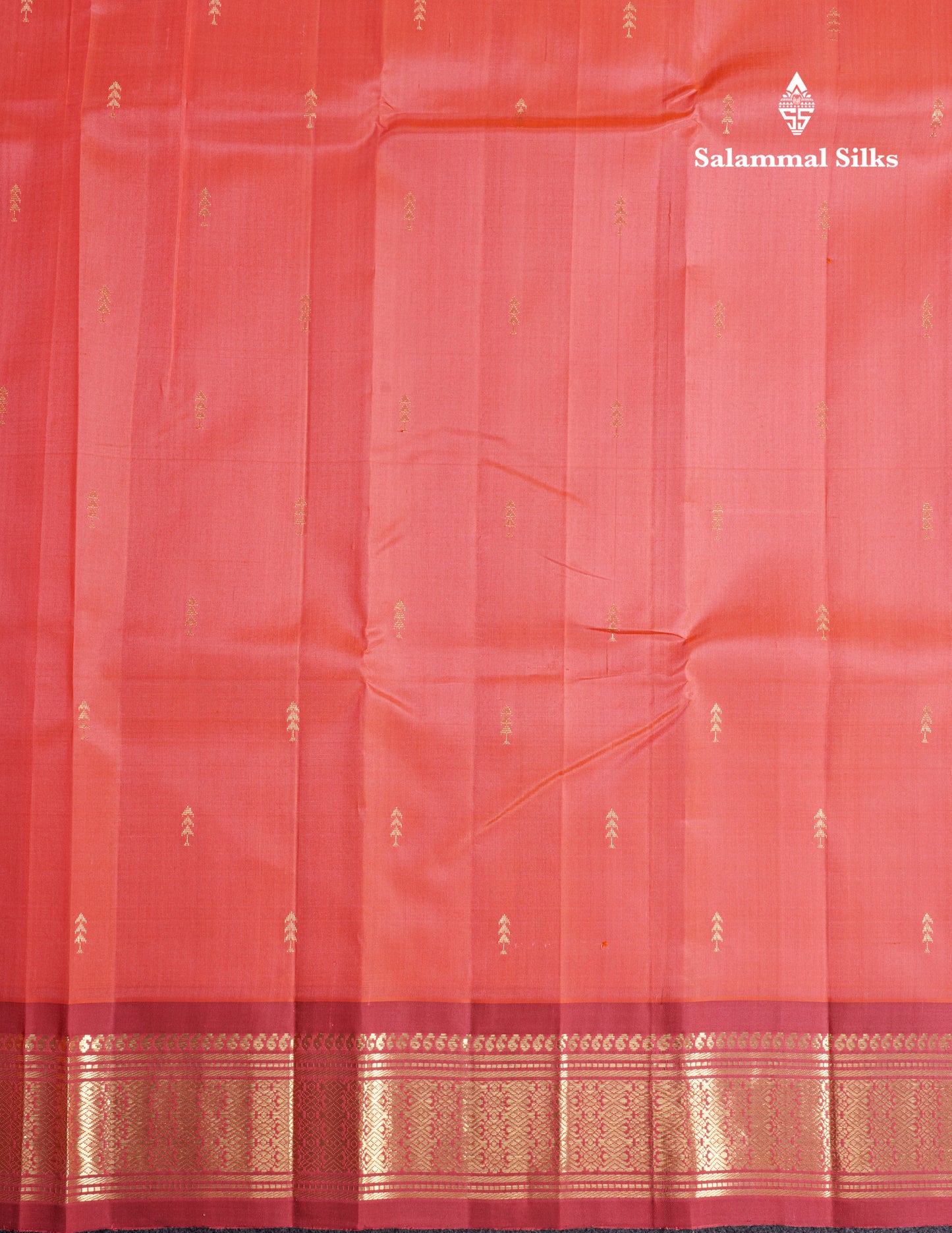 Pinkish Peach Pure Kanjivaram Silk Saree With Contrast Tomato Red One Side Border