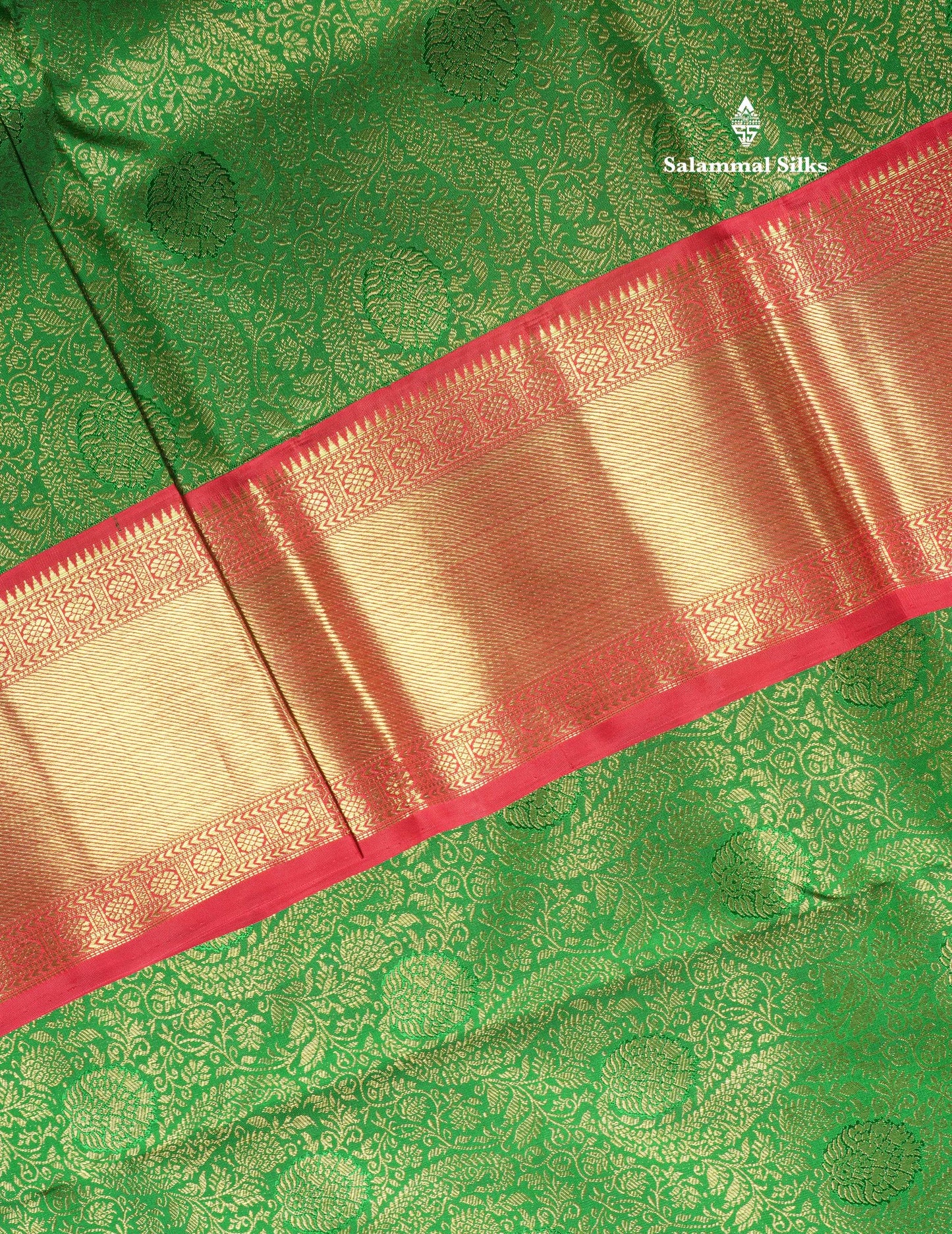 Green Pure Kanjivaram Silk Saree (2G) Zari With Contrast Chilly Red Long Border