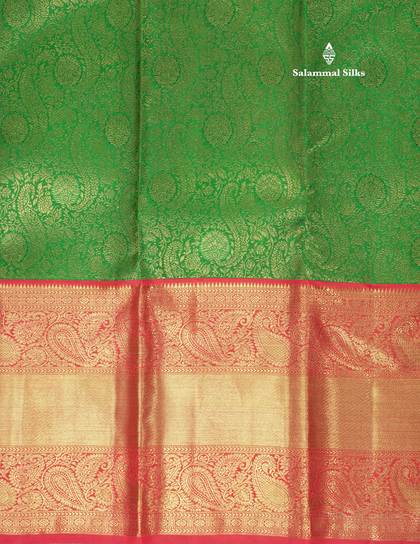 Green Pure Kanjivaram Silk Saree (2G) Zari With Contrast Chilly Red Long Border