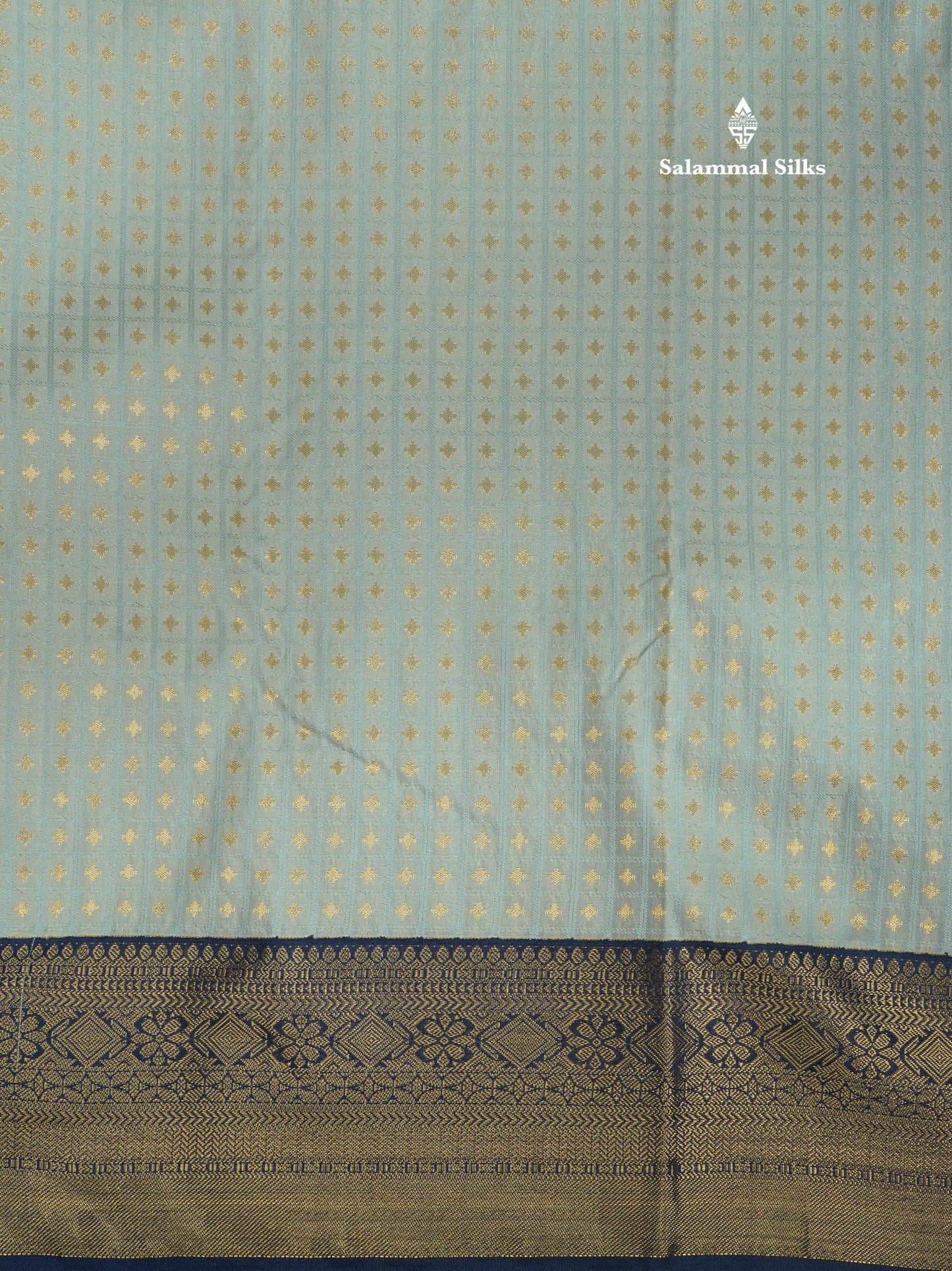 1000 Buttas Grey White Semi Silk Saree With Contrast Navy Blue Border