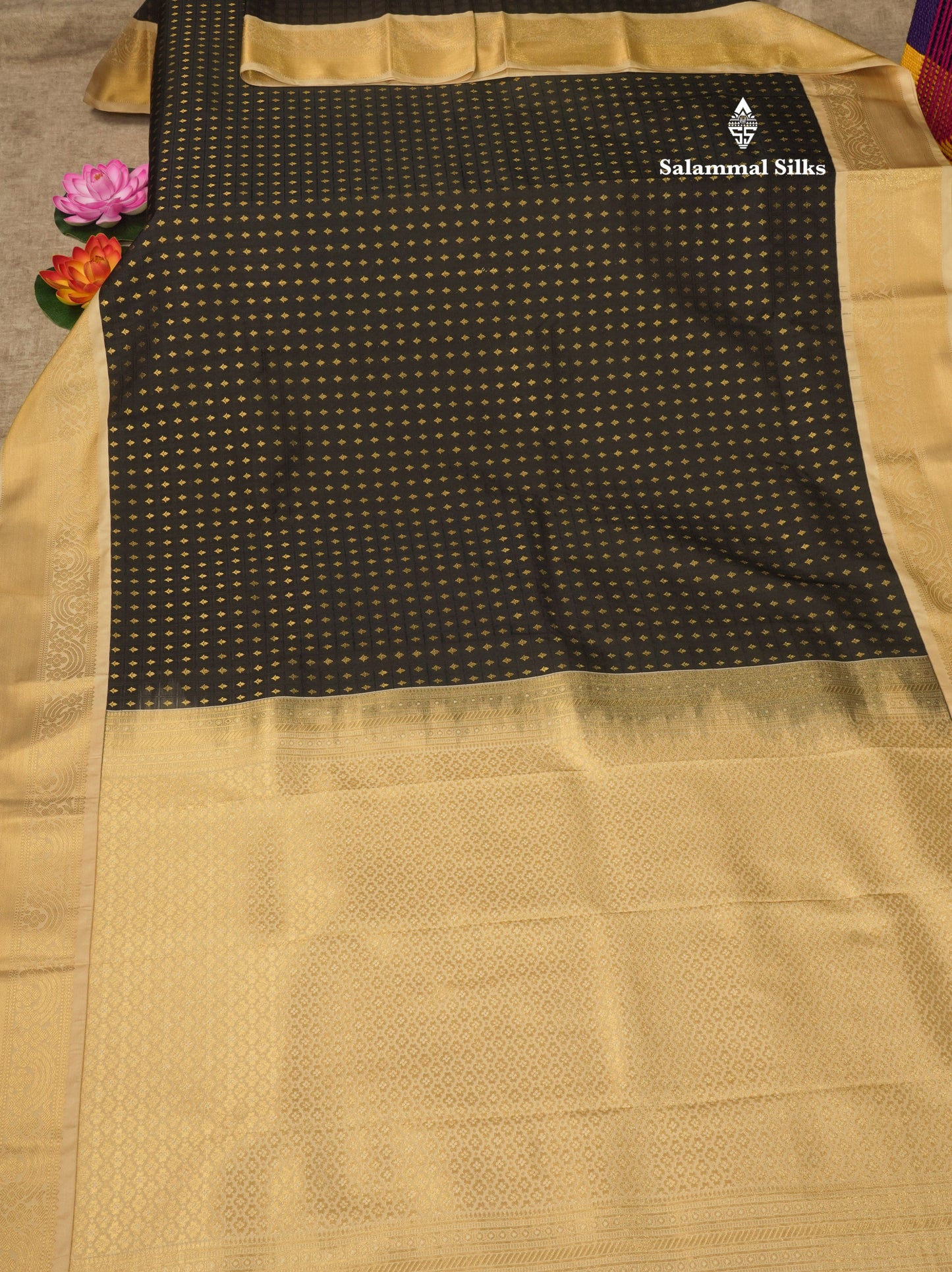1000 Buttas Black Semi Silk Saree With Contrast Sandal Border