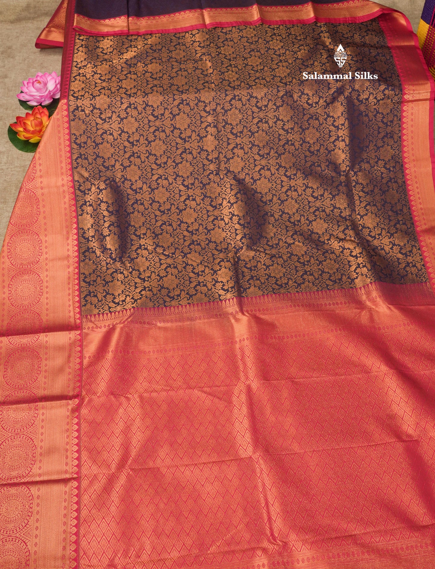 Dark Navy Blue Bridal Semi Silk Saree With Contrast Pink Border