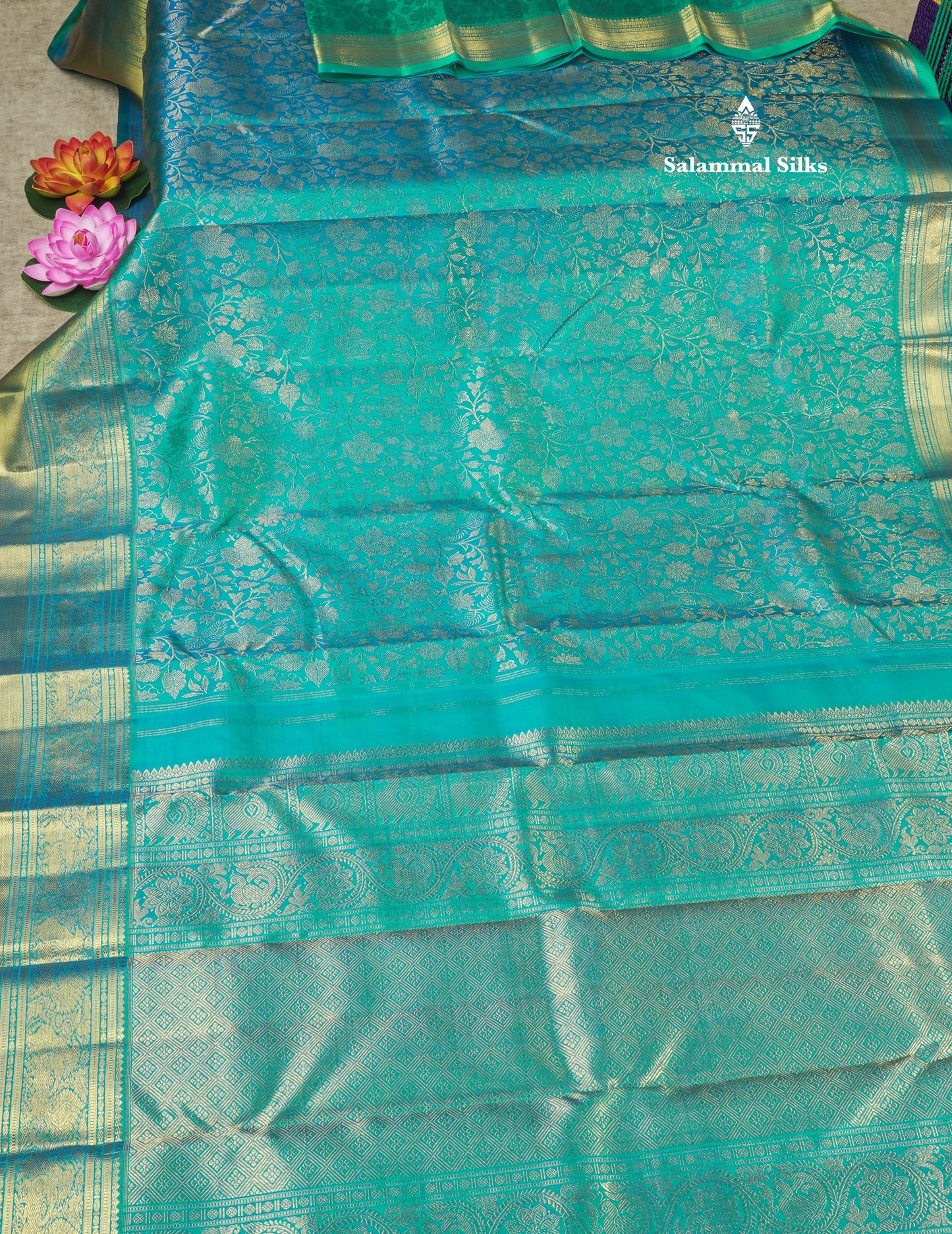Peacock Blue Pure Kanjivaram Silk Saree (2G) Zari With Traditional Gold Zari Border