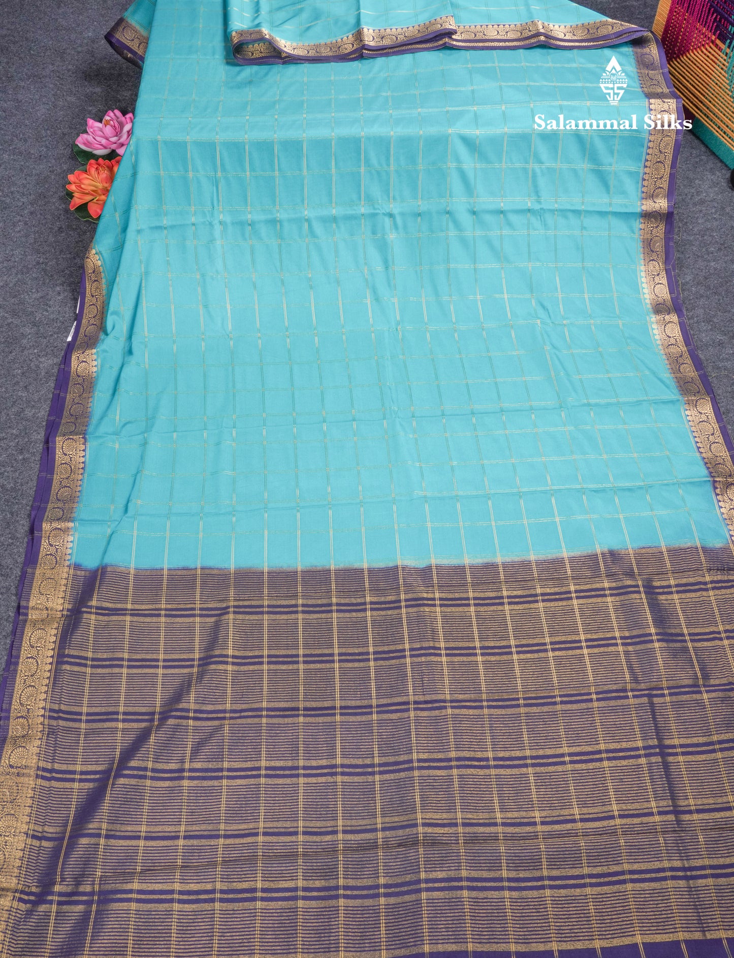 Sapphire Blue Semi Mysore Crepe Saree With Contrast Navy Blue Small Border