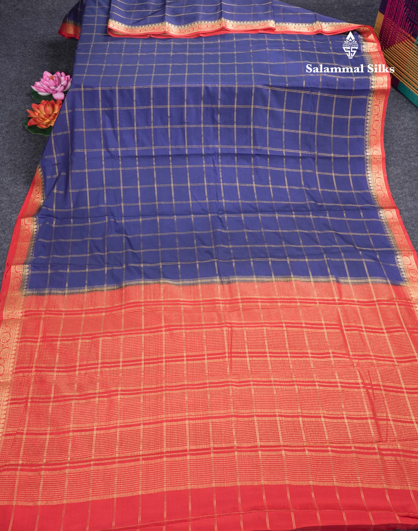Sapphire Blue Semi Mysore Crepe Saree With Contrast Navy Blue Small Border