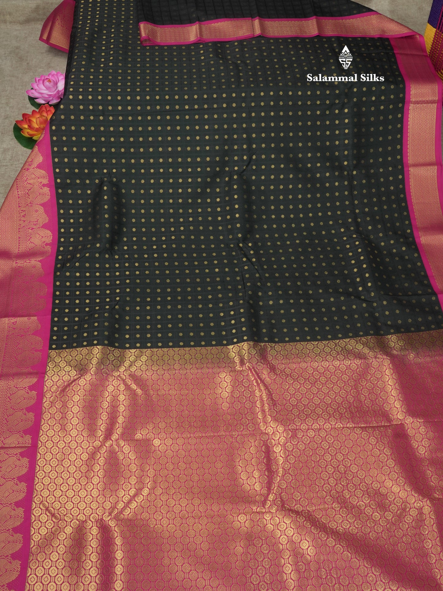 1000 Buttas Mustard Yellow Semi Silk Saree With Contrast Pink Traditional Border