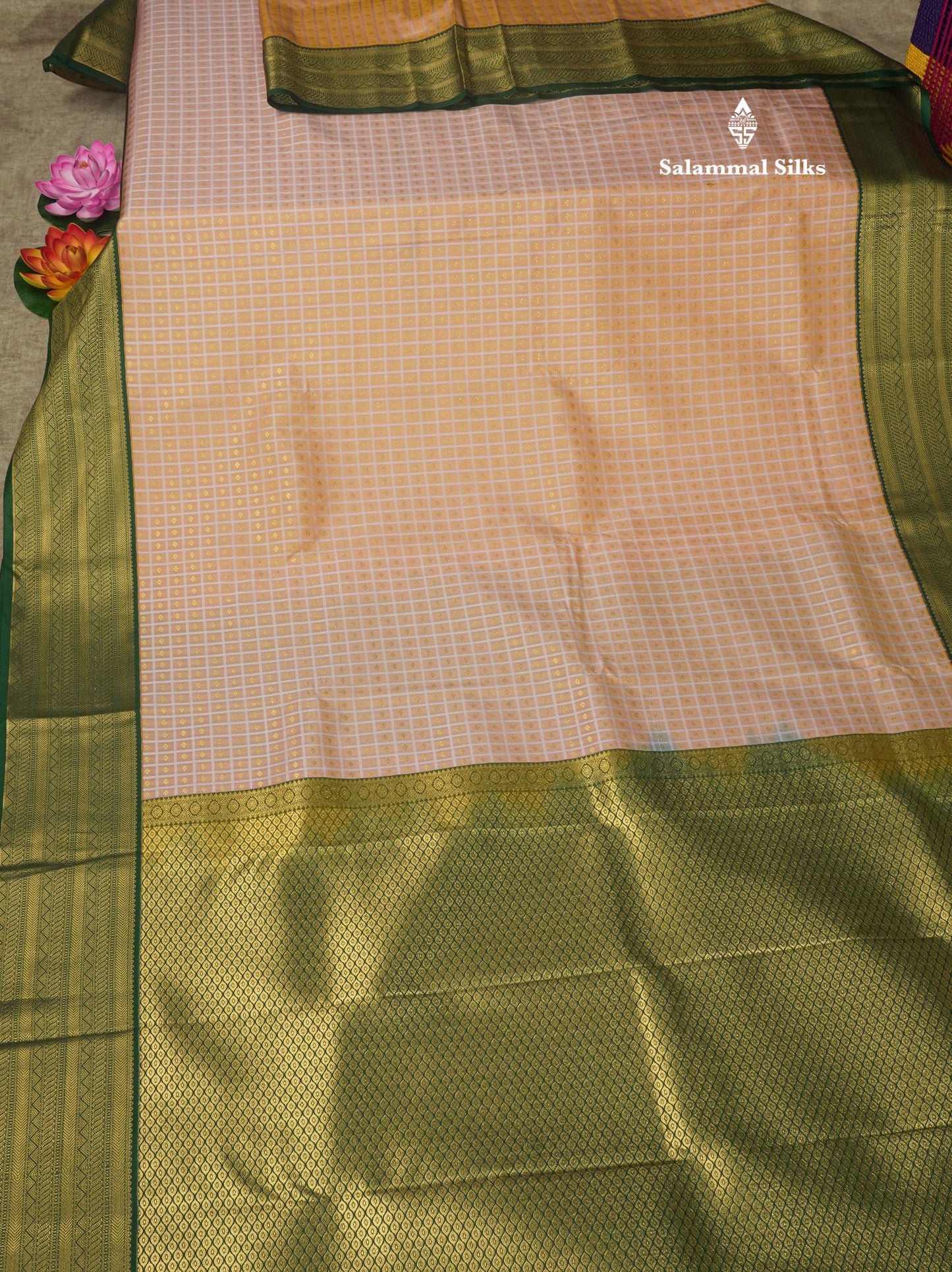 1000 Buttas Light Peach Semi Silk Saree With Contrast Bottle Green Border