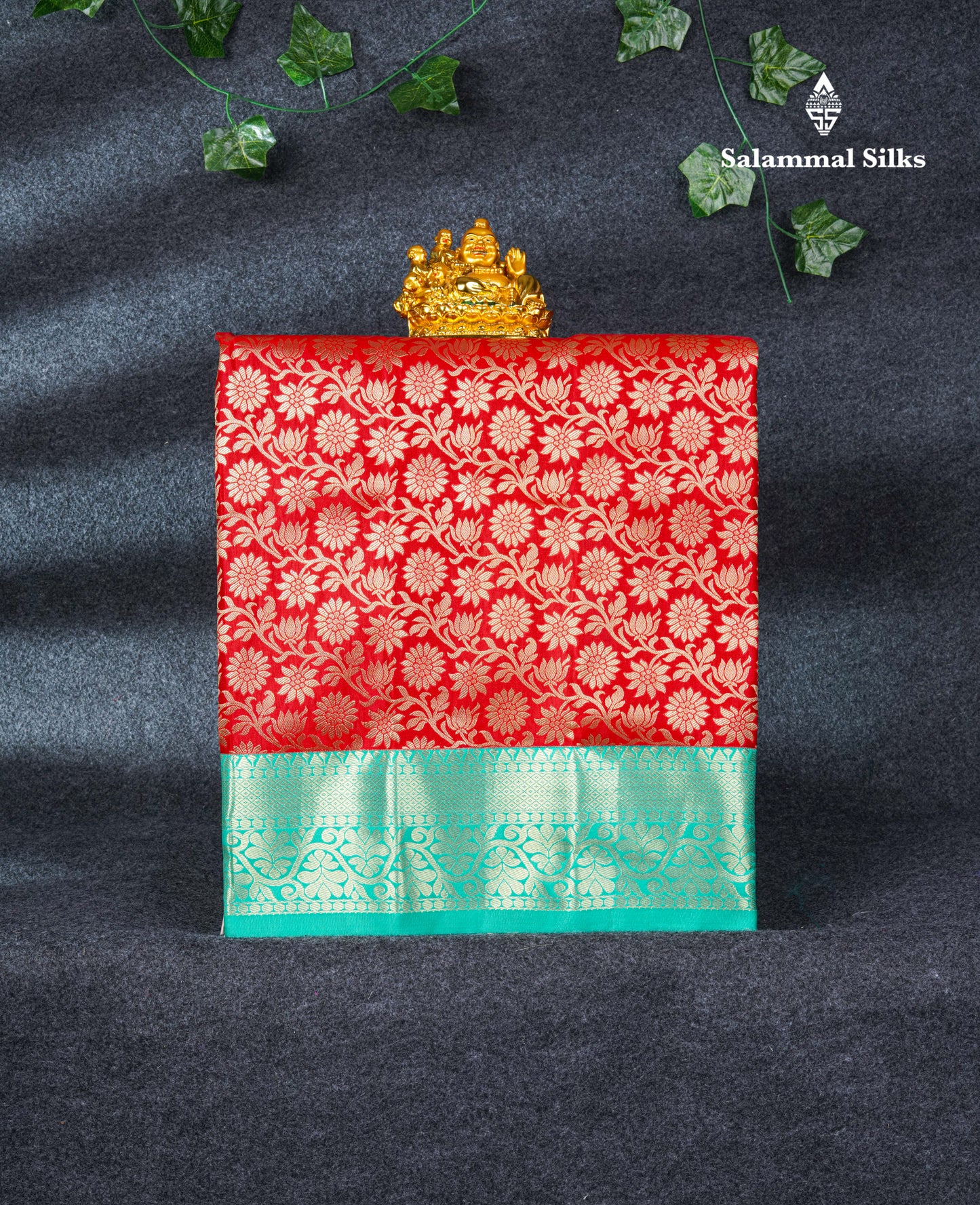 Semi Silk Pattu Pavadai ( Chilly Red ) With Sapphire Green Blouse 21"