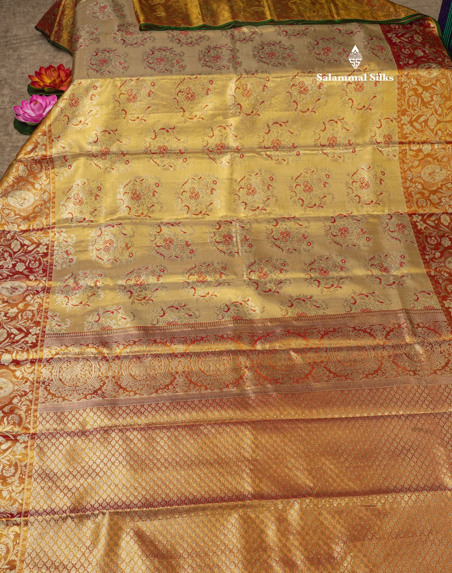 Gold Tissue Bridal Pure Kanjivaram Silk Saree With Contrast Tomato Red Border