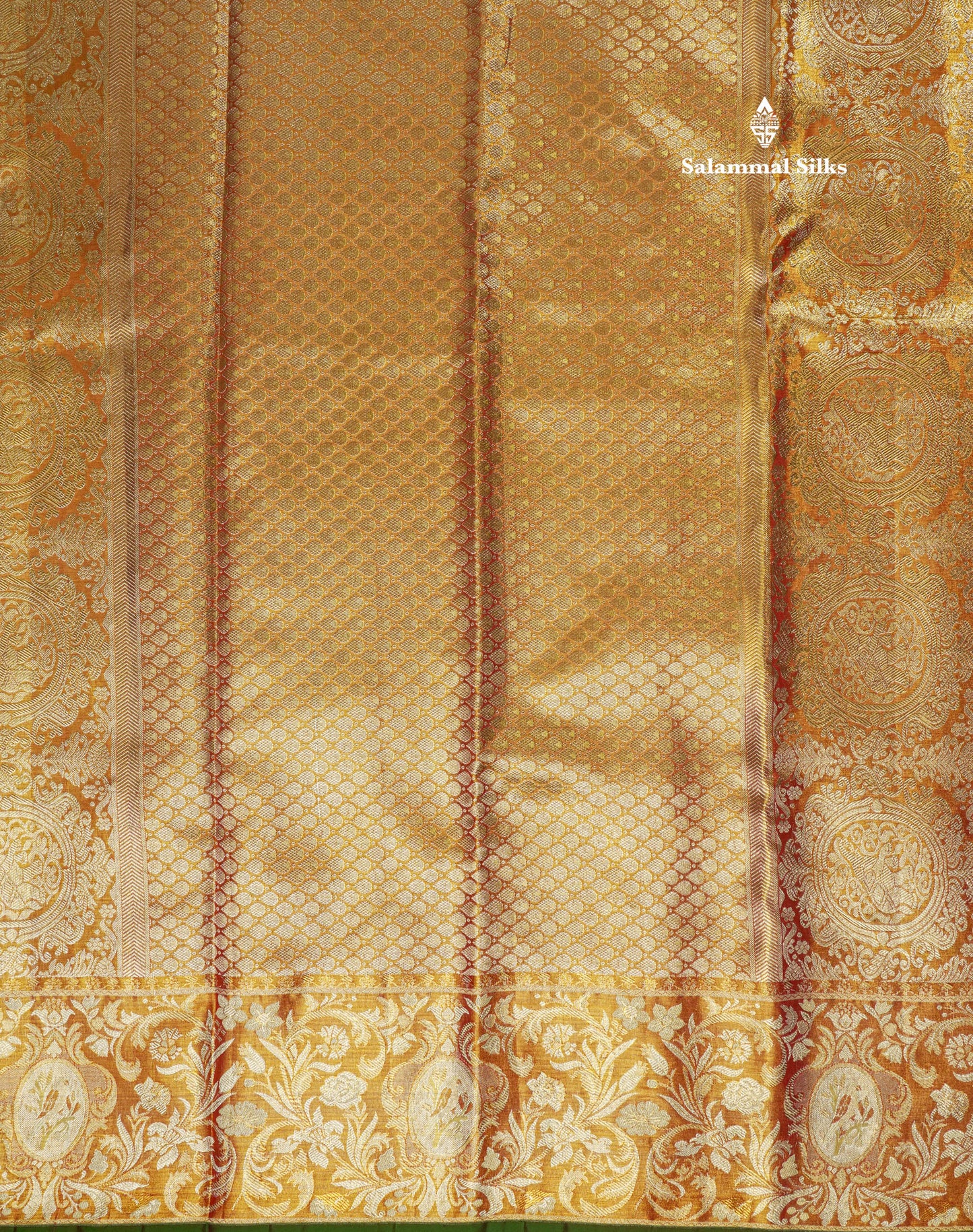 Gold Tissue Bridal Pure Kanjivaram Silk Saree With Contrast Tomato Red Border