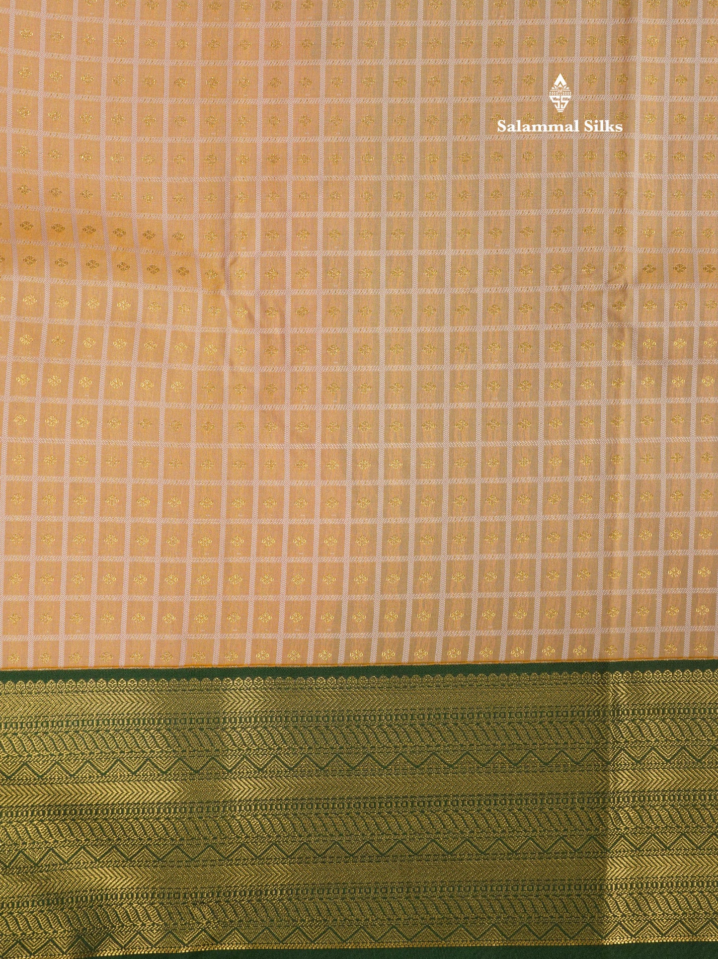 1000 Buttas Light Peach Semi Silk Saree With Contrast Bottle Green Border