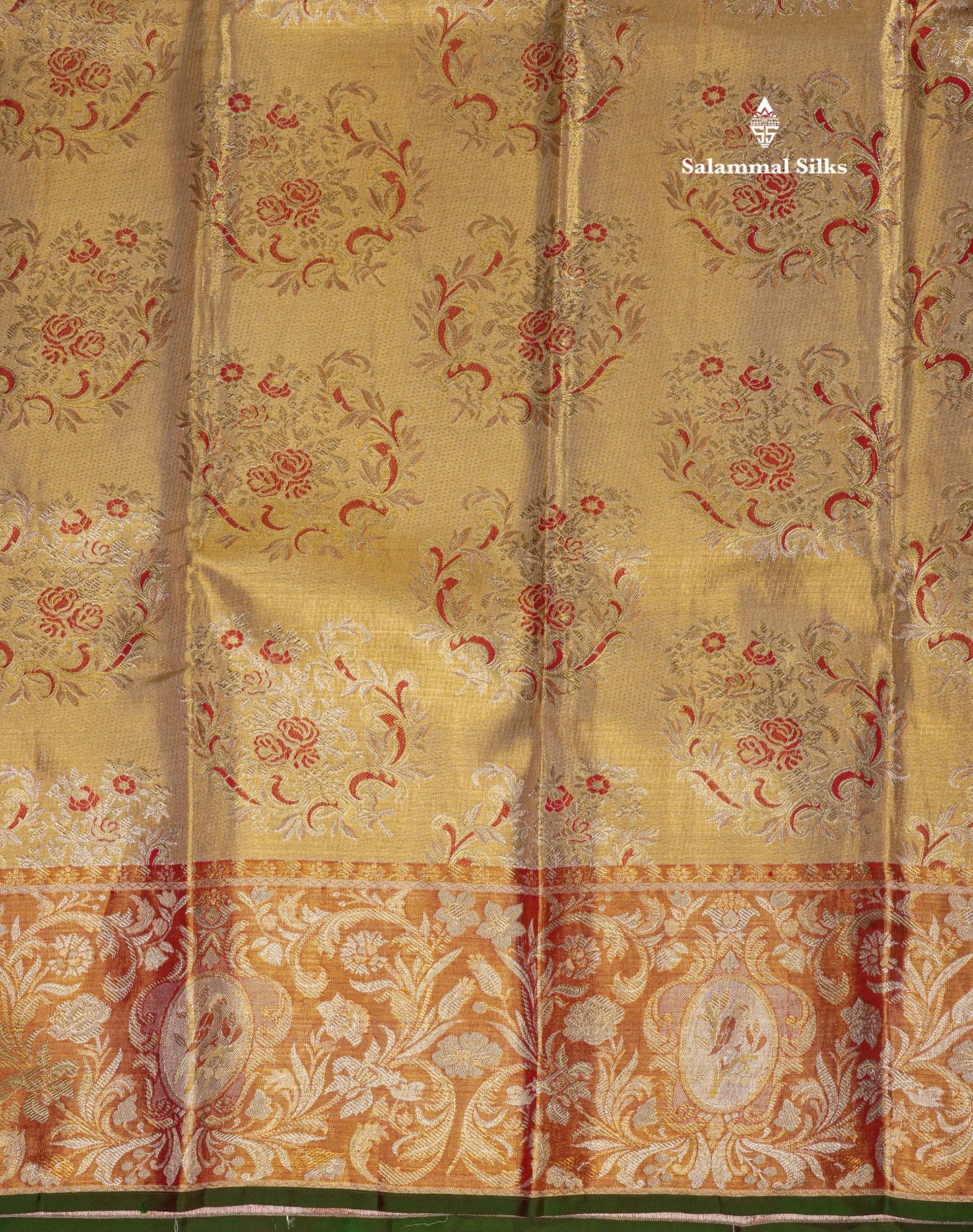 Gold Tissue Bridal Pure Kanjivaram Silk Saree With Contrast Tomato Red Border