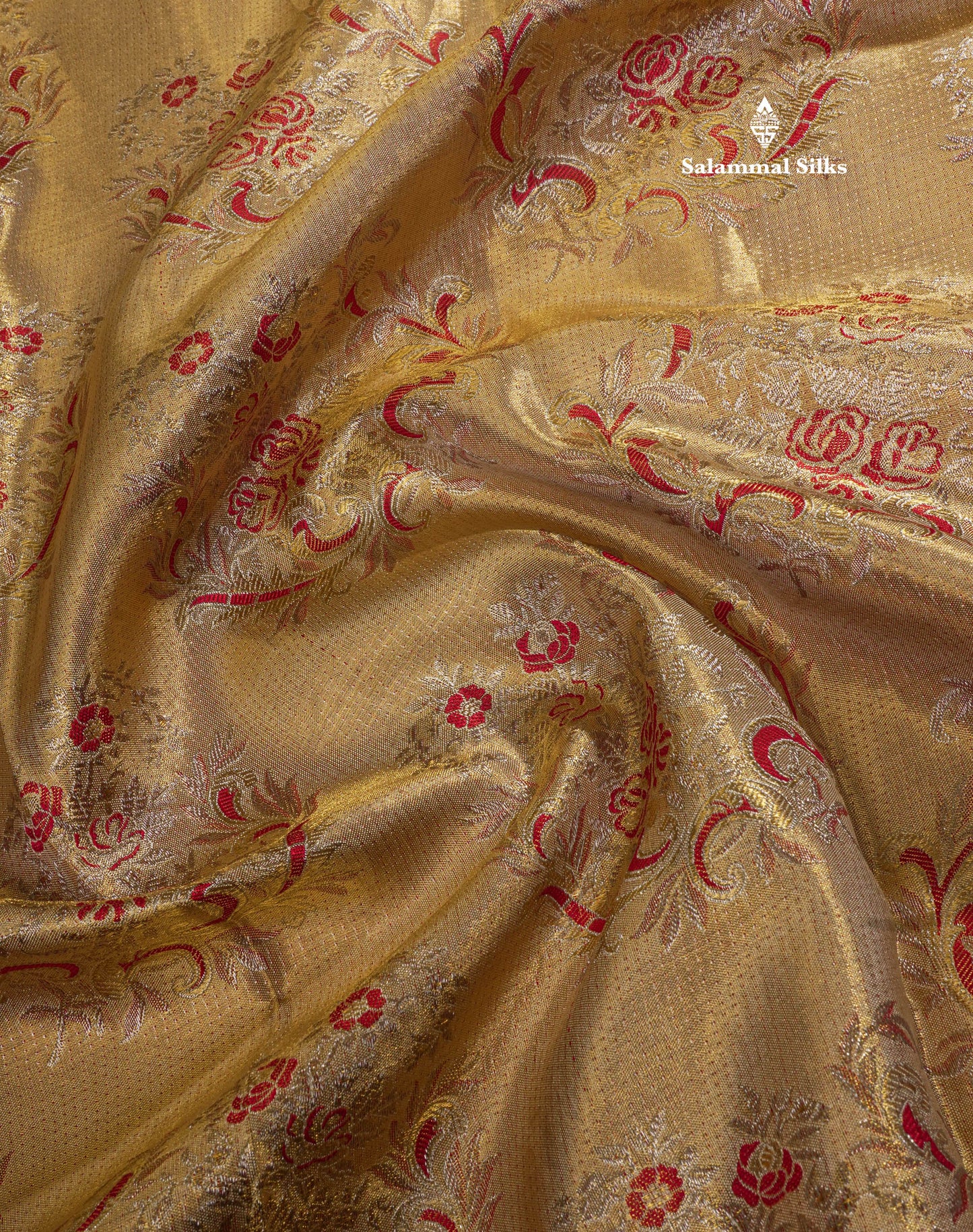 Gold Tissue Bridal Pure Kanjivaram Silk Saree With Contrast Tomato Red Border