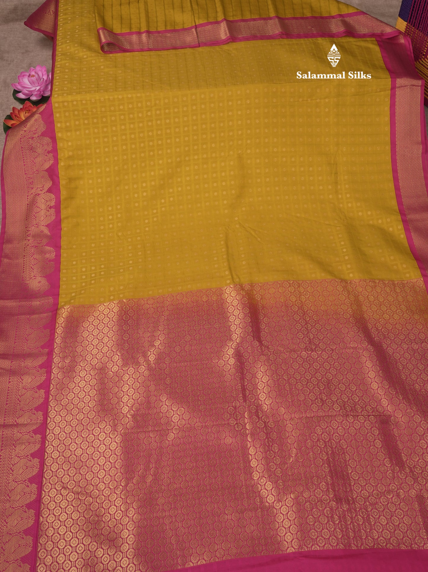 1000 Buttas Mustard Yellow Semi Silk Saree With Contrast Pink Traditional Border