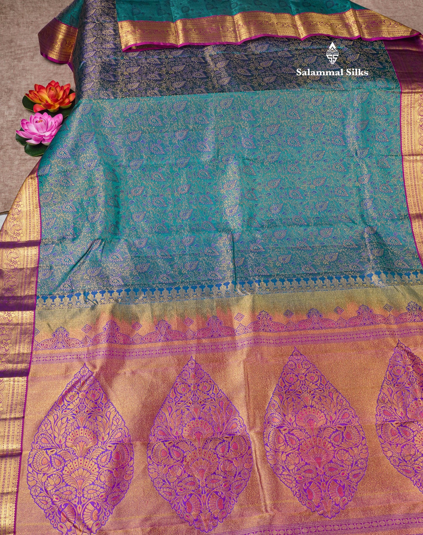 Peacock Blue Beautiful Bridal Pure Kanjivaram Silk Saree With Contrast Vadamalli Border