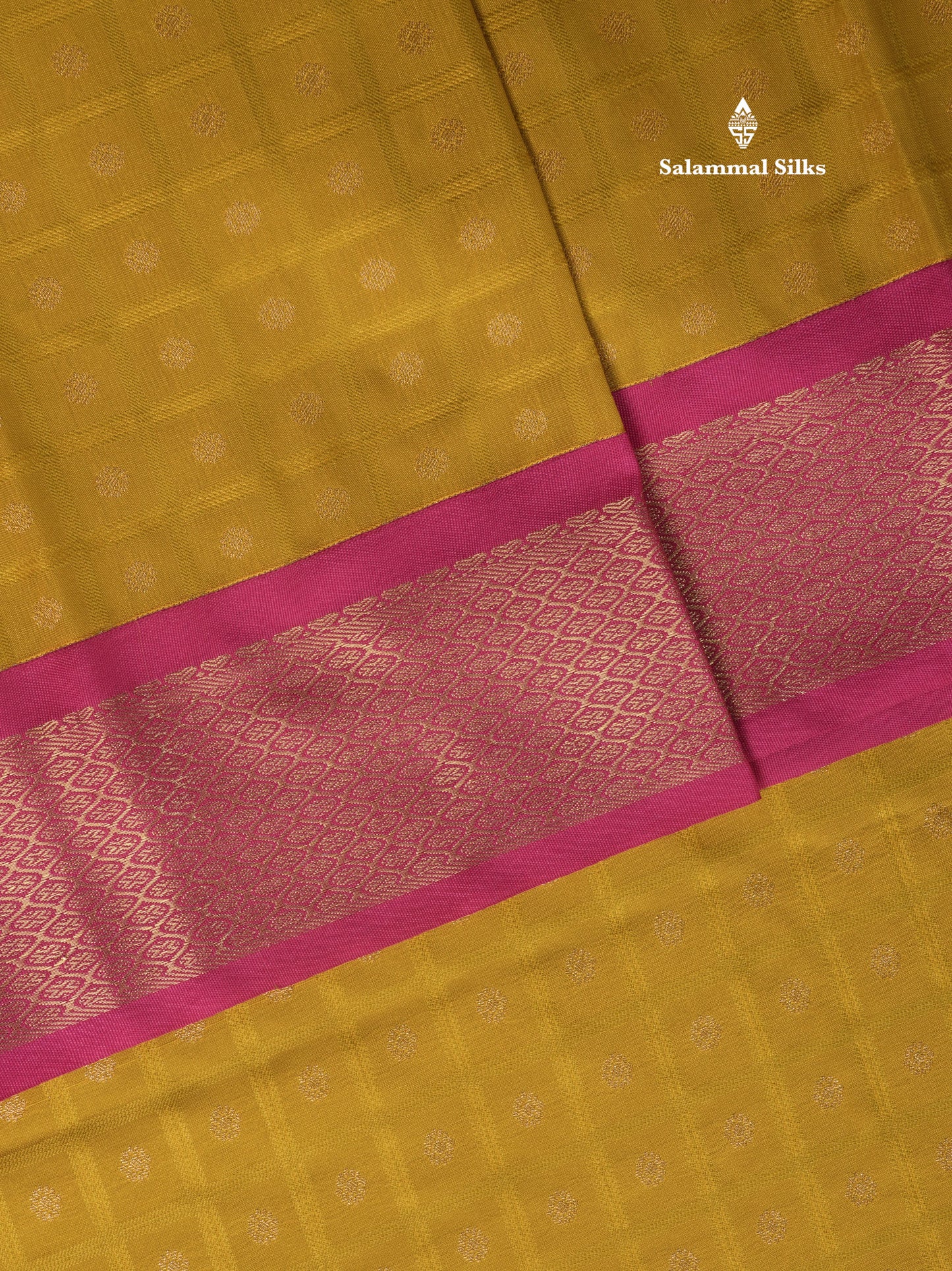 1000 Buttas Mustard Yellow Semi Silk Saree With Contrast Pink Traditional Border